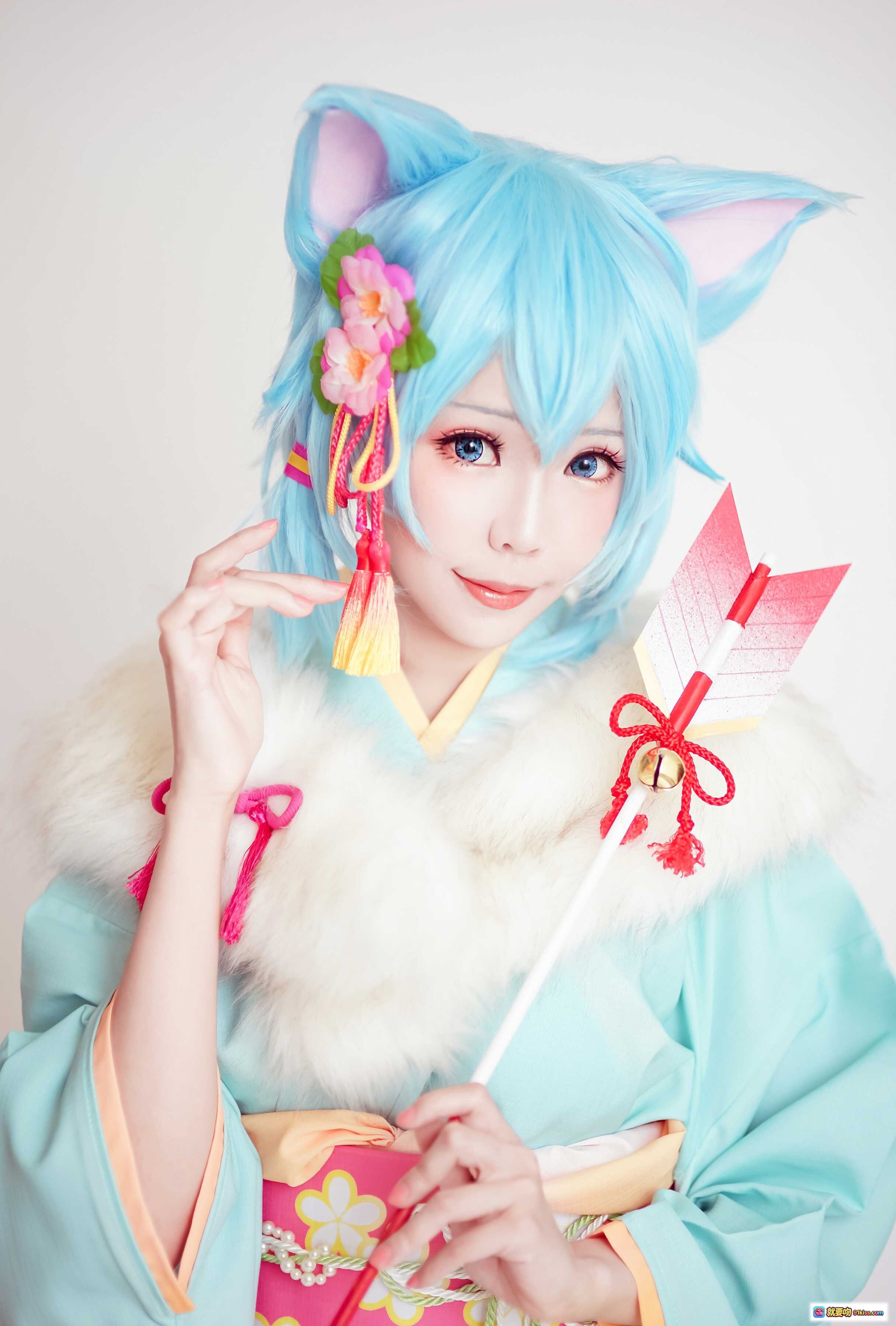 图片[5] - ElyEE子NO.018蓝发猫耳和风Cosplay写真｜日系甜美少女｜彩色花纹浴衣｜粉色背景唯美摆拍 - 就要吻