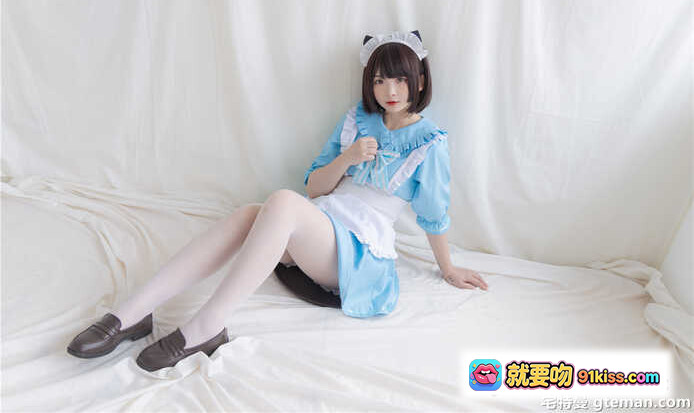 图片[7] - 古川NO.047蓝色小猫女仆装cosplay写真 甜美短发猫耳白围裙蓝裙少女风摄影图集 - 就要吻