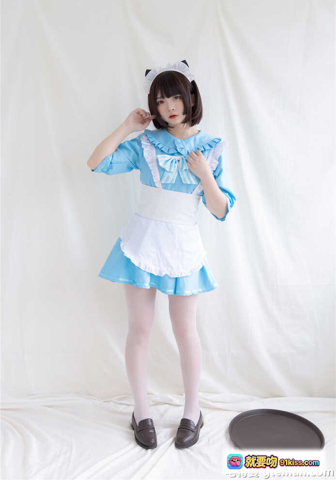 图片[4] - 古川NO.047蓝色小猫女仆装cosplay写真 甜美短发猫耳白围裙蓝裙少女风摄影图集 - 就要吻