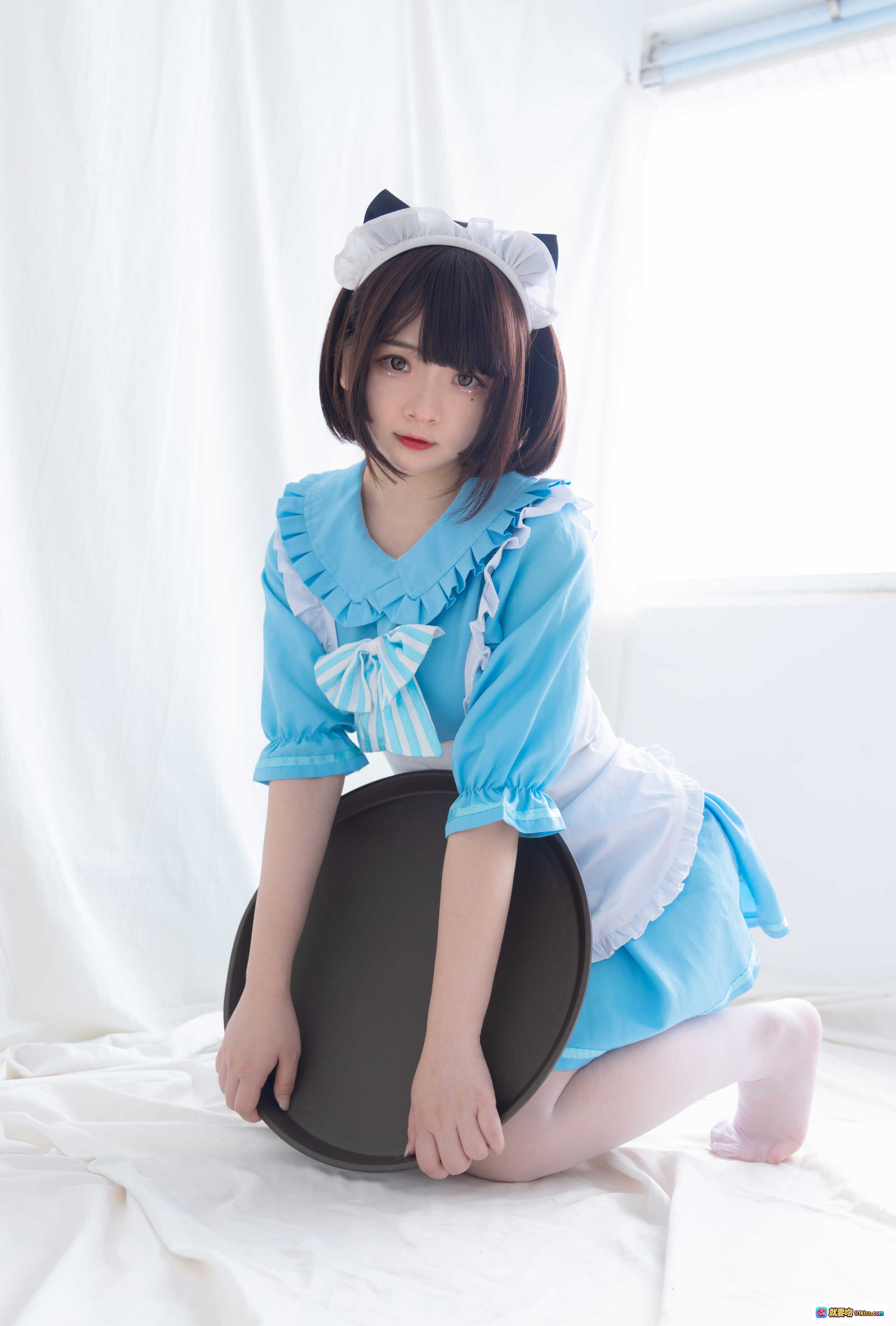图片[9] - 古川NO.047蓝色小猫女仆装cosplay写真 甜美短发猫耳白围裙蓝裙少女风摄影图集 - 就要吻