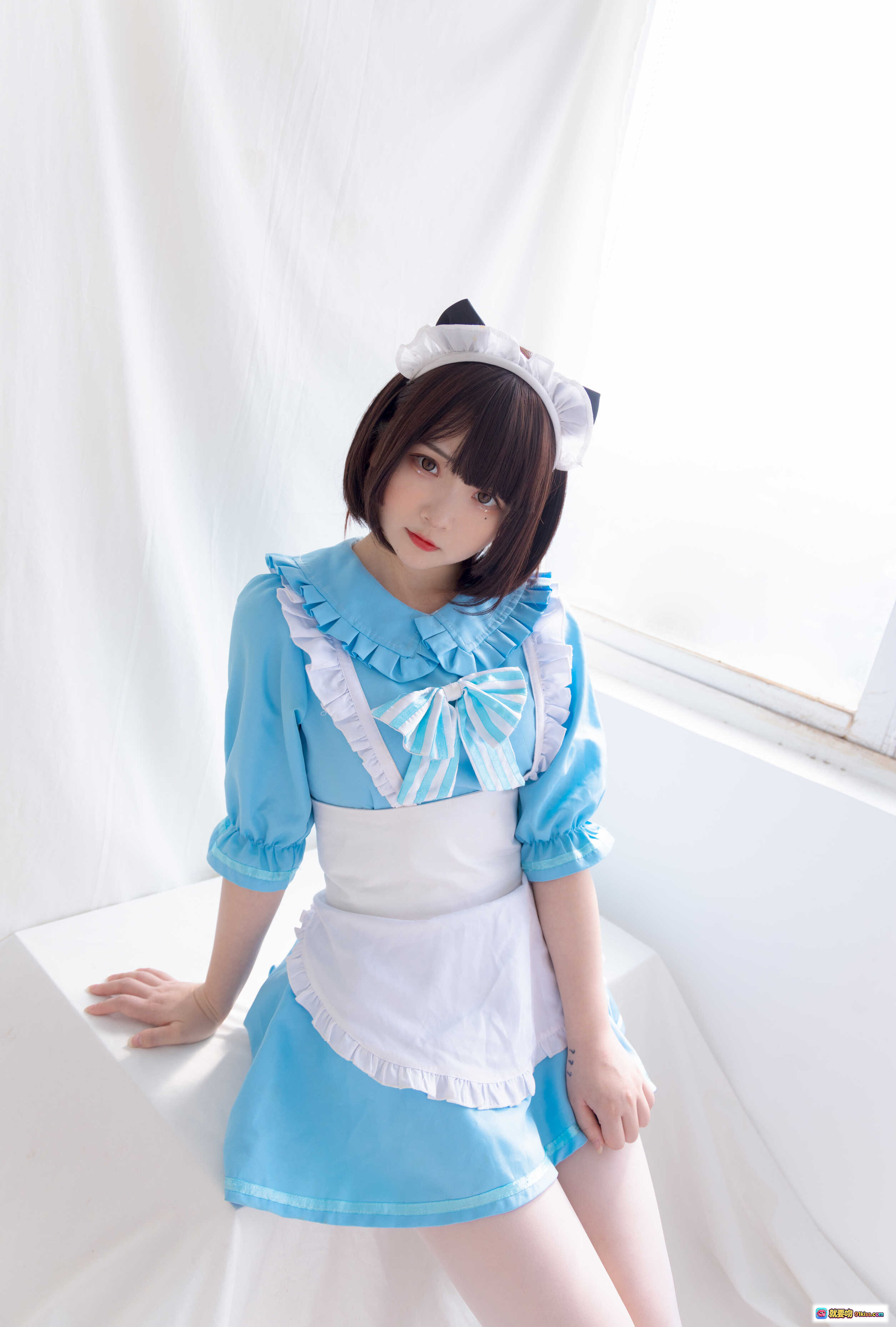 图片[5] - 古川NO.047蓝色小猫女仆装cosplay写真 甜美短发猫耳白围裙蓝裙少女风摄影图集 - 就要吻