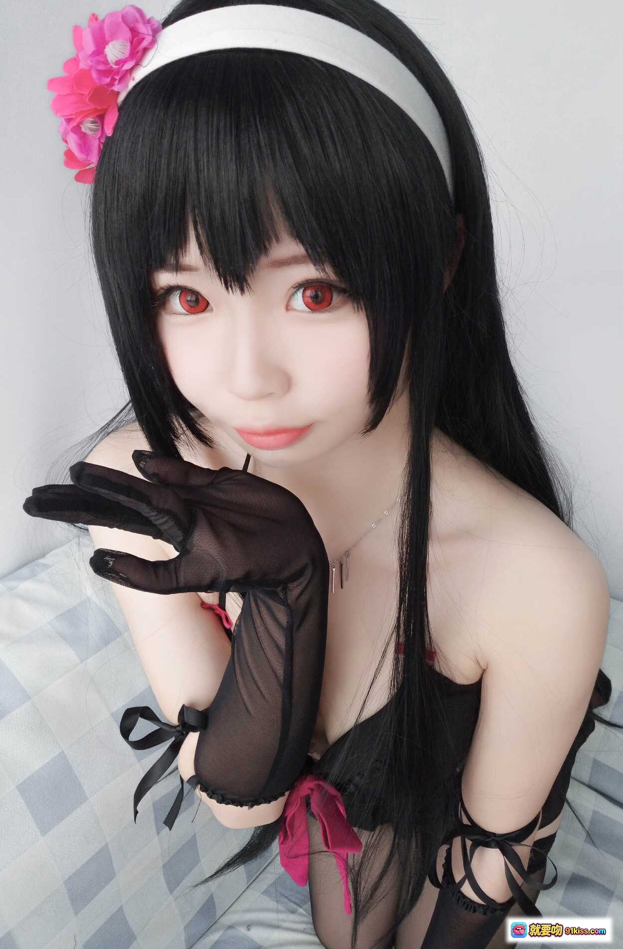 图片[4] - 霞之丘诗羽Cosplay写真 | 黑色蕾丝内衣+条纹吊带袜+长发花饰 | 优雅性感私房照 - 就要吻