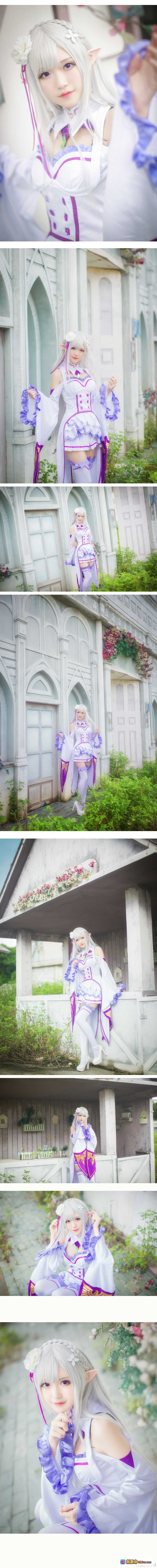 图片[9] - 腐团儿cos艾米莉娅｜Re:从零开始的异世界生活｜银发紫瞳精灵耳｜白色花朵发饰｜紫色领结制服｜精致妆容写真 - 就要吻