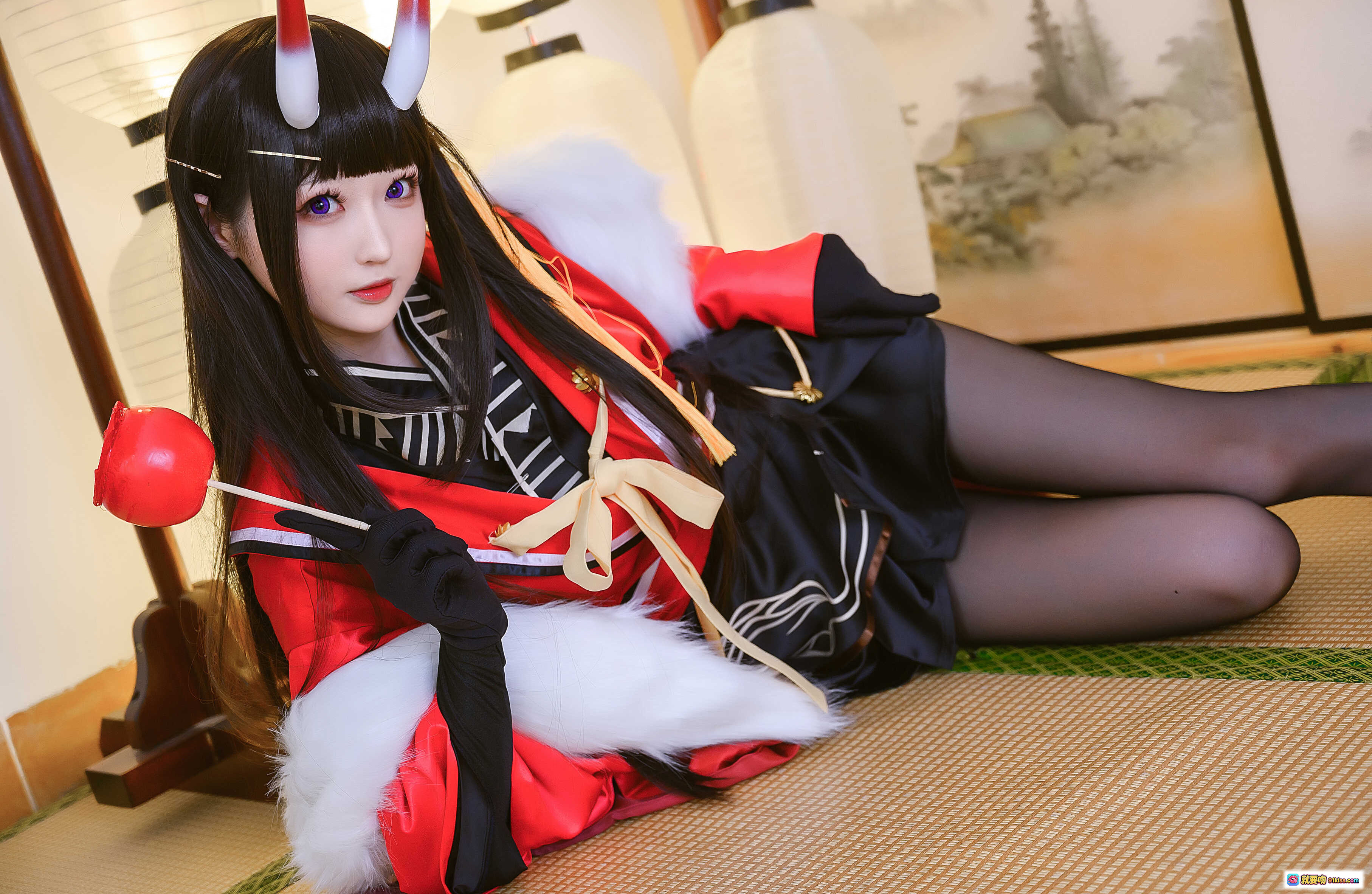 图片[9] - 南宫NO.013酒吞童子cos黑丝美腿日式和风写真 红衣鹤纹榻榻米场景性感优雅 - 就要吻