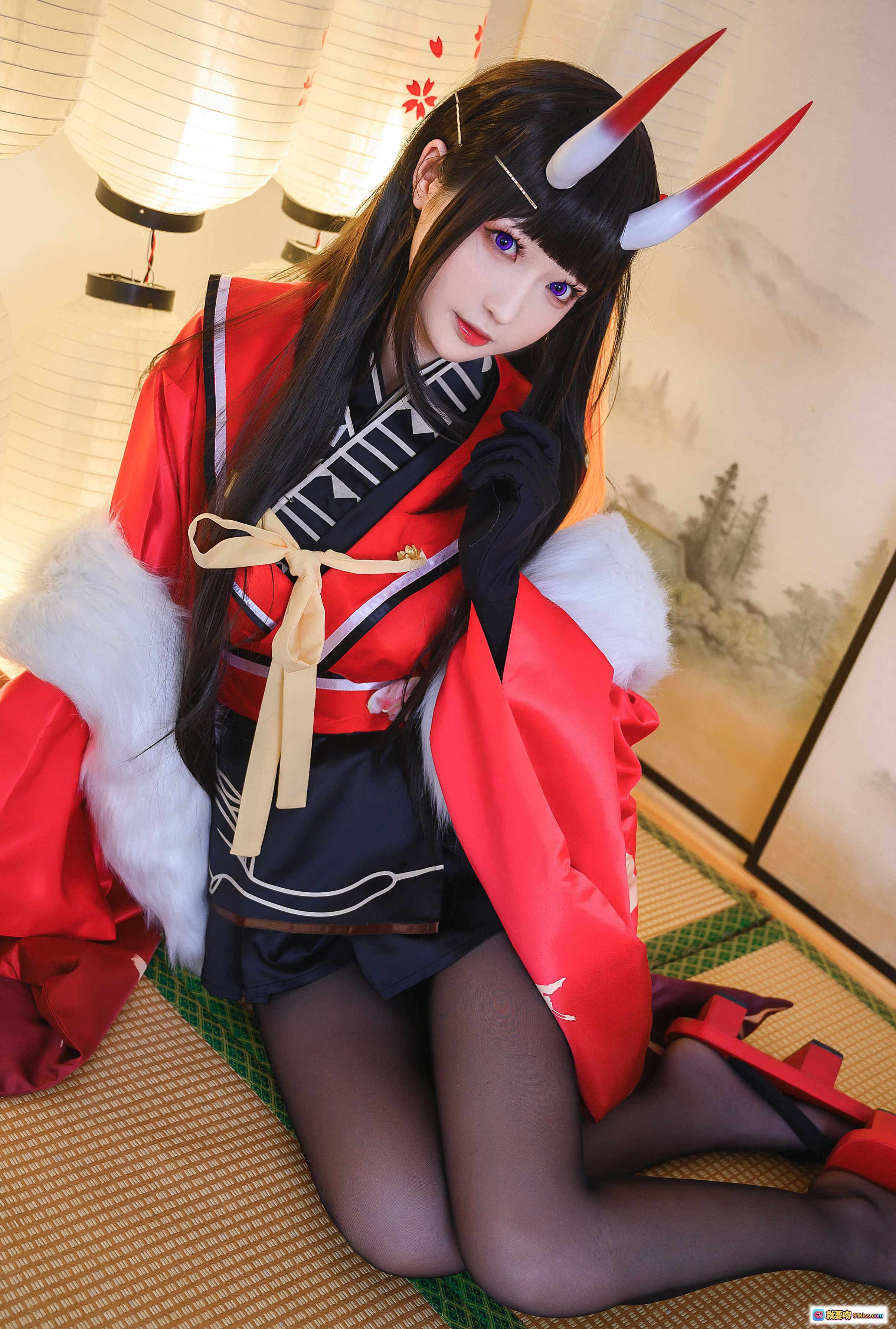 图片[8] - 南宫NO.013酒吞童子cos黑丝美腿日式和风写真 红衣鹤纹榻榻米场景性感优雅 - 就要吻