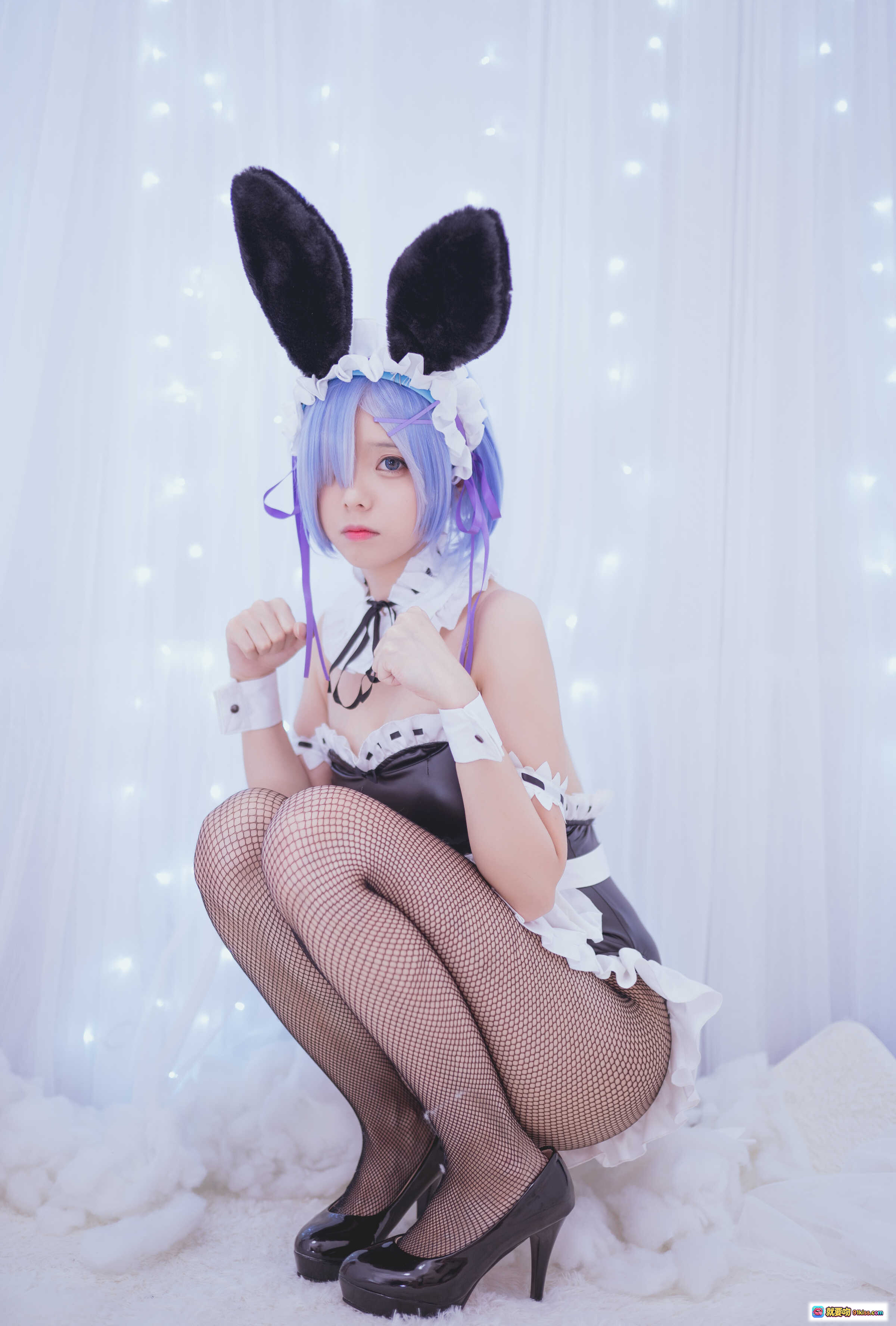 图片[4] - 小野妹子W NO.026 蕾姆兔女郎Cosplay 网袜美足 甜美蓝发 黑兔耳 26P高清写真 - 就要吻