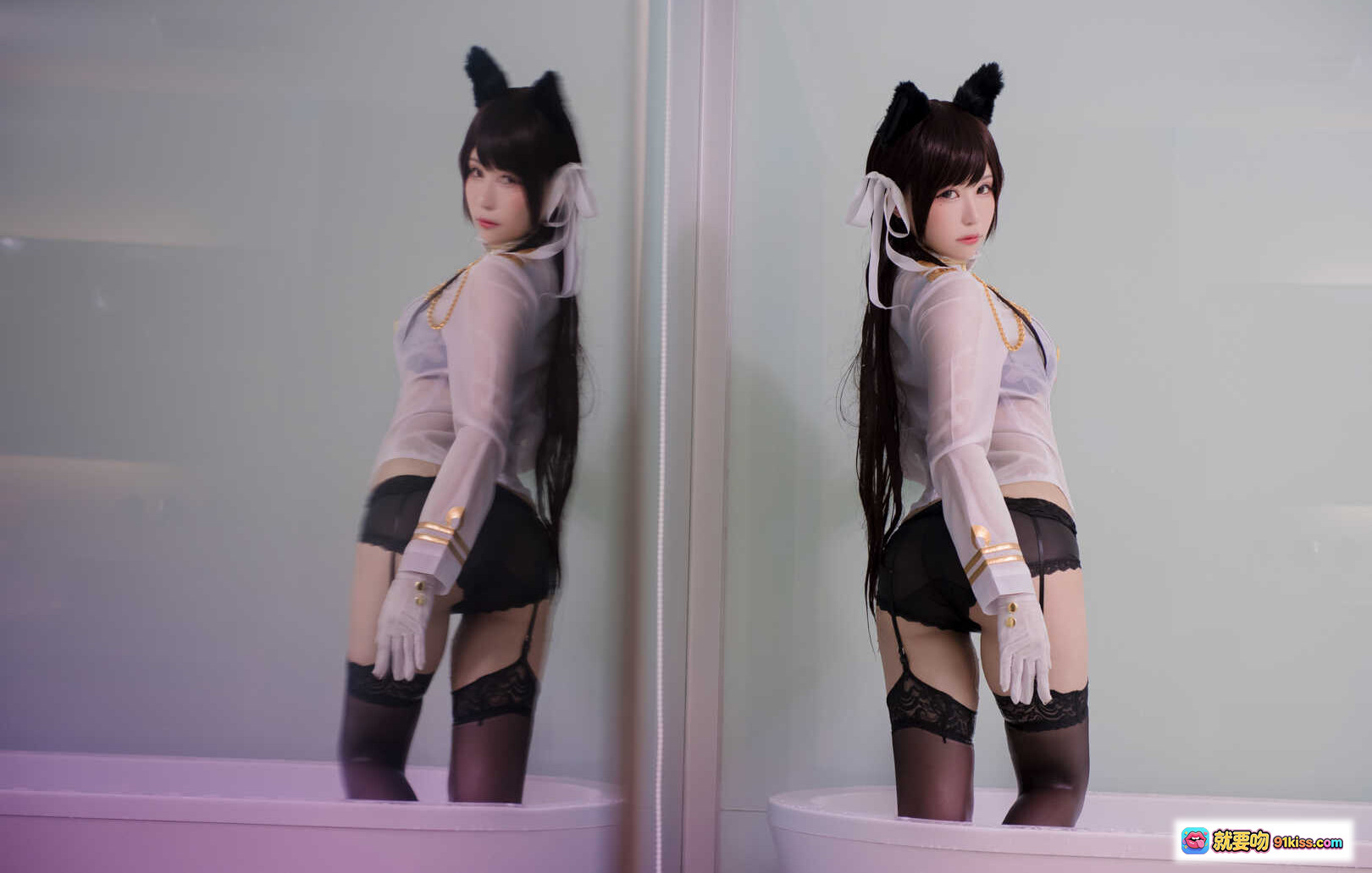 图片[9] - 白神泱NO.005浴缸cosplay写真｜猫耳黑发少女｜白色透视制服｜金色链条装饰｜精致妆容与蝴蝶结发饰 - 就要吻