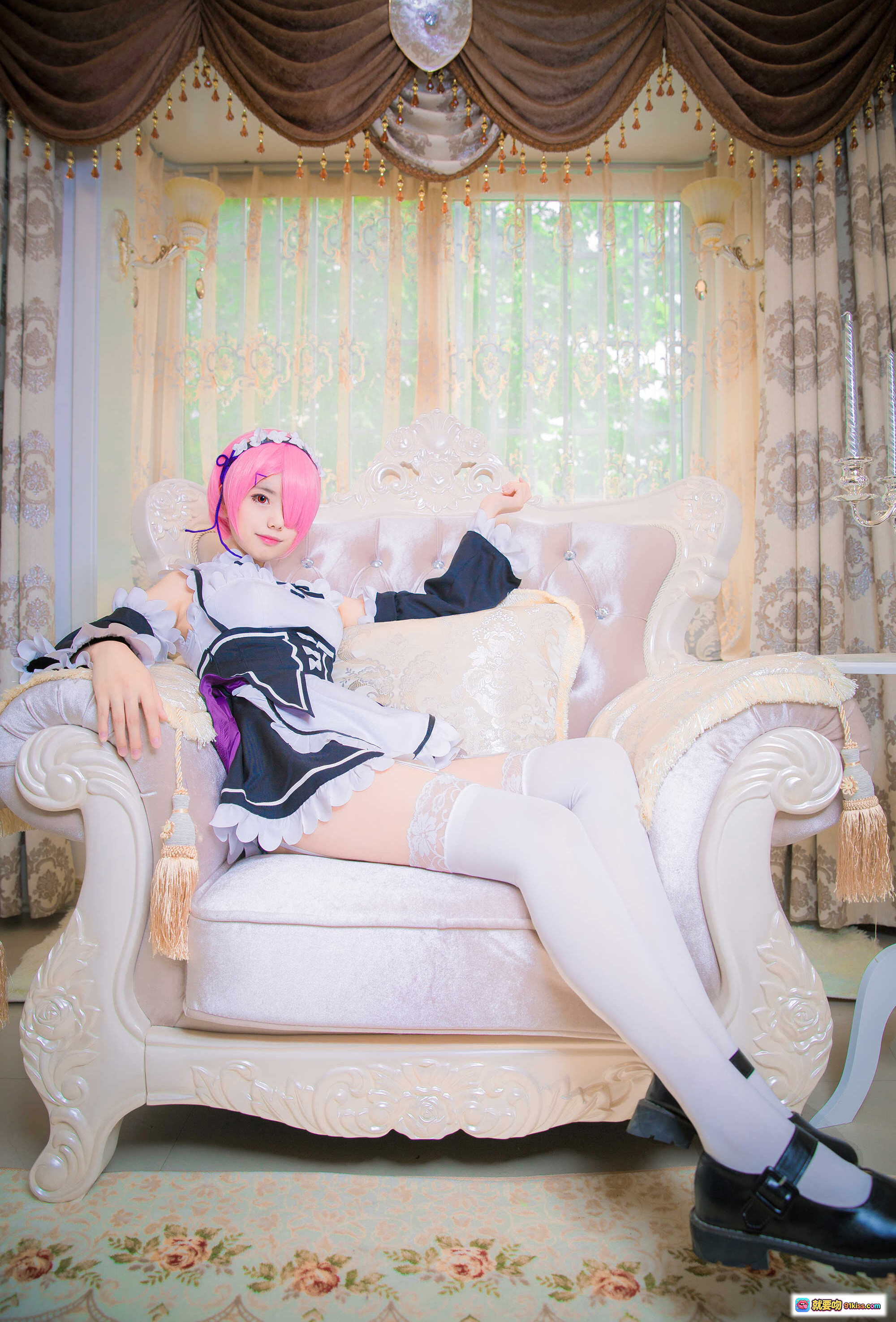 图片[4] - 小野妹子W NO.016 拉姆雷姆Cosplay 蓝发女仆装 甜美躺卧沙发写真 24P高清图集 - 就要吻