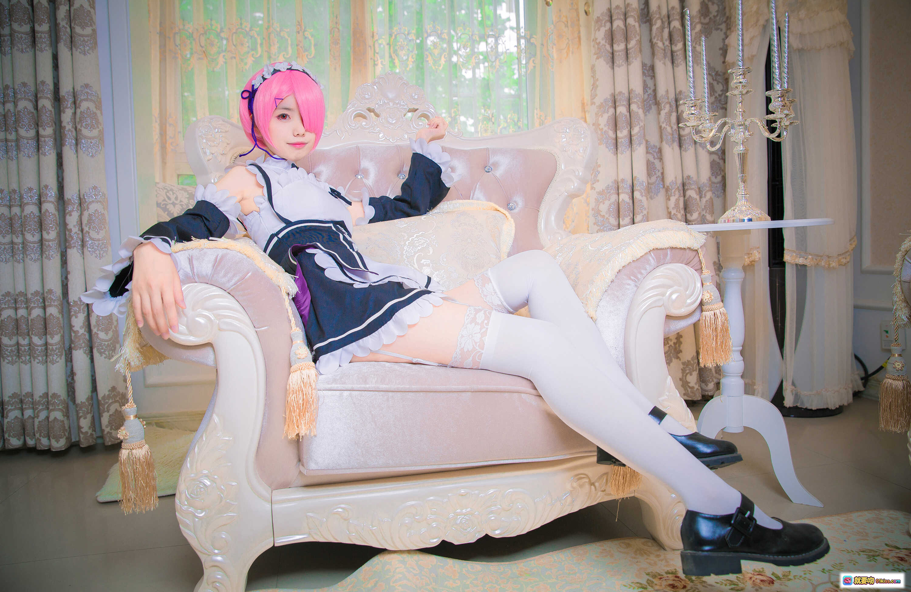 图片[3] - 小野妹子W NO.016 拉姆雷姆Cosplay 蓝发女仆装 甜美躺卧沙发写真 24P高清图集 - 就要吻