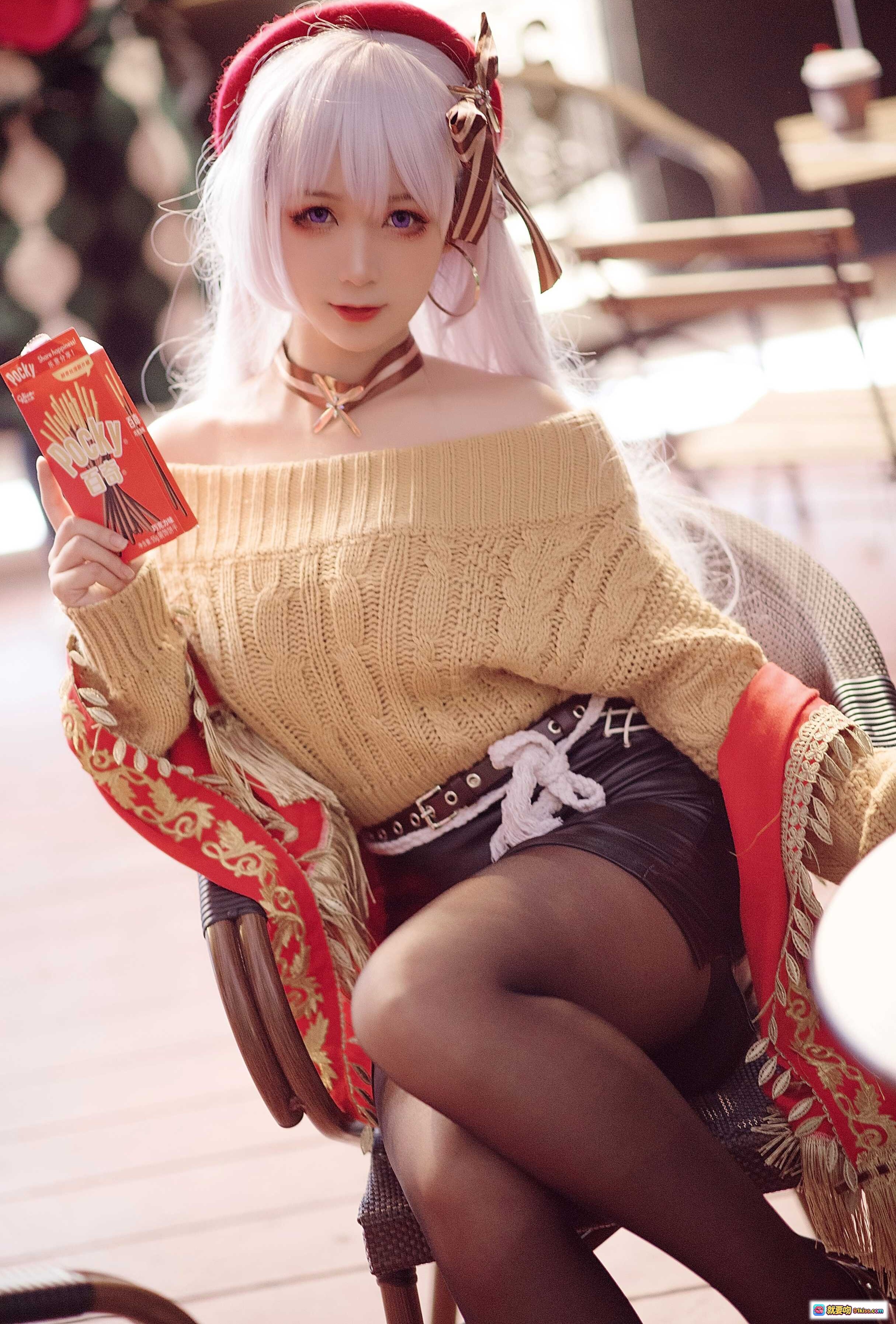 图片[6] - 樱落酱NO.006贝法Pocky Cosplay写真｜粉发少女夜景街拍｜露肩毛衣+皮裙+黑丝高跟｜手持Pocky甜酷风造型 - 就要吻
