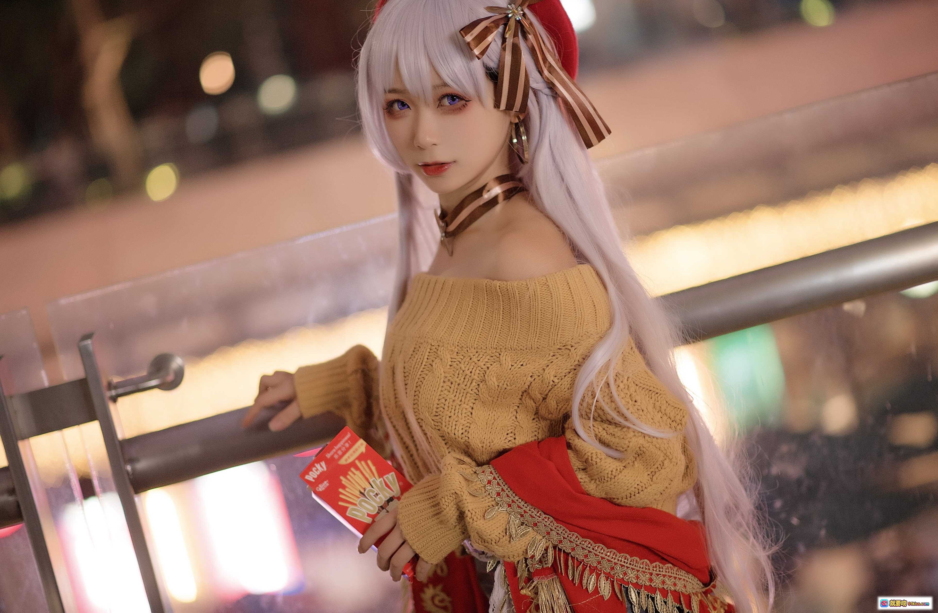 图片[3] - 樱落酱NO.006贝法Pocky Cosplay写真｜粉发少女夜景街拍｜露肩毛衣+皮裙+黑丝高跟｜手持Pocky甜酷风造型 - 就要吻