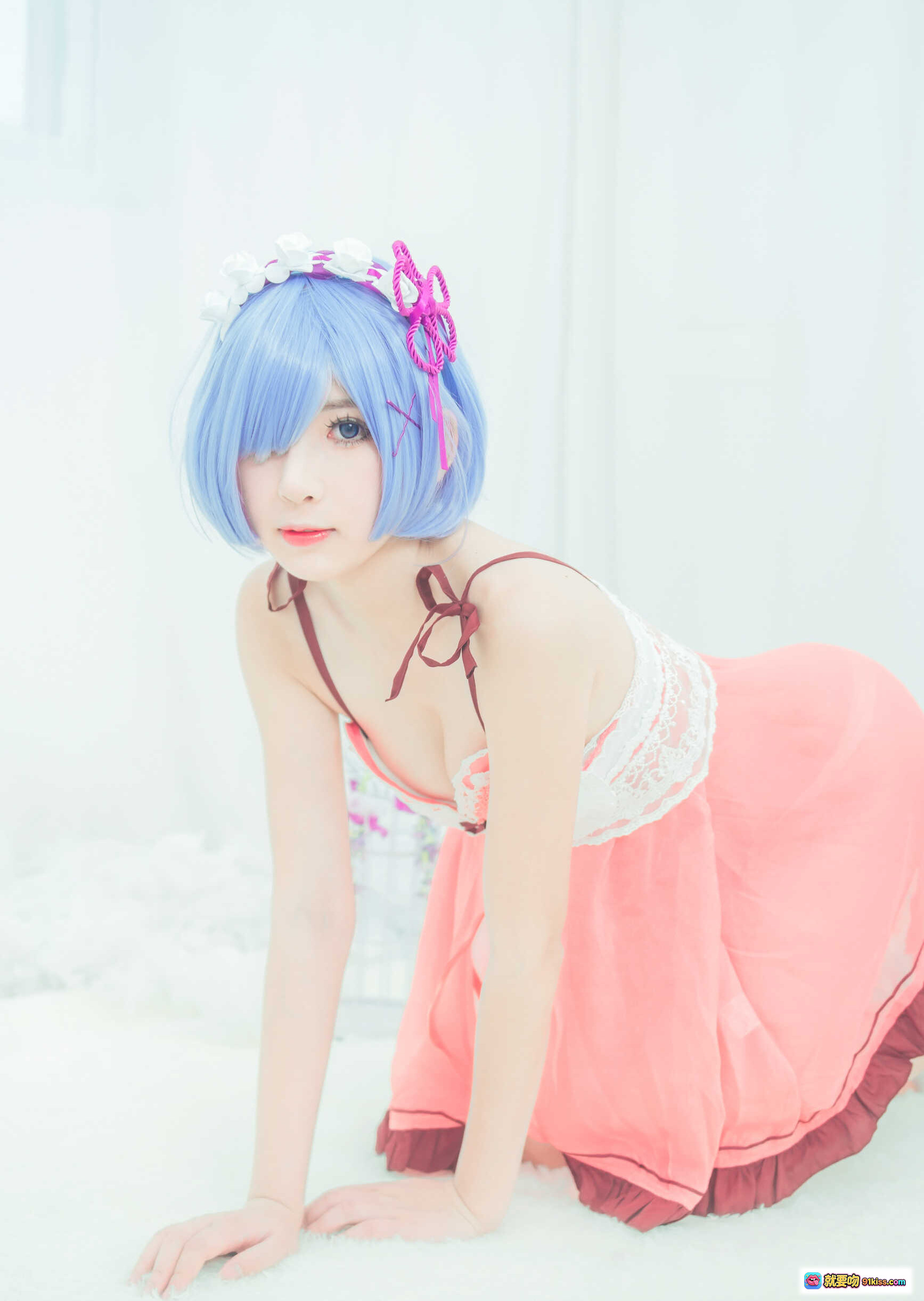 图片[9] - 小酥酱NO.009雷姆睡衣Cosplay蓝发少女粉色蕾丝吊带裙手持白框镜甜美可爱写真24P - 就要吻