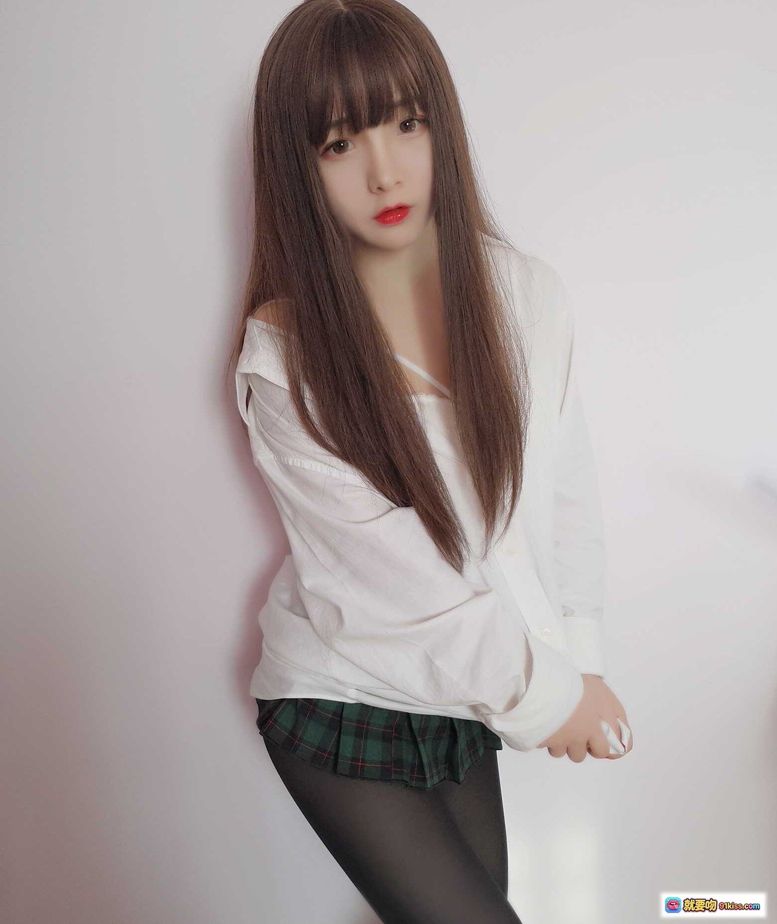 图片[8] - 古川NO.019男友衬衫写真｜白衬衫+格子短裙+渔网袜少女风私房照 - 就要吻