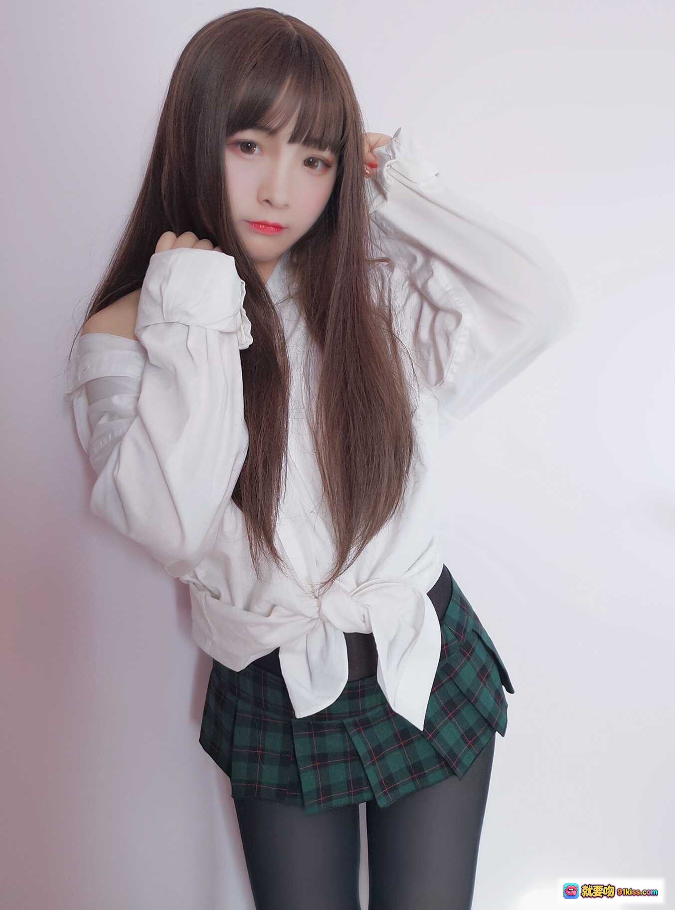 图片[4] - 古川NO.019男友衬衫写真｜白衬衫+格子短裙+渔网袜少女风私房照 - 就要吻