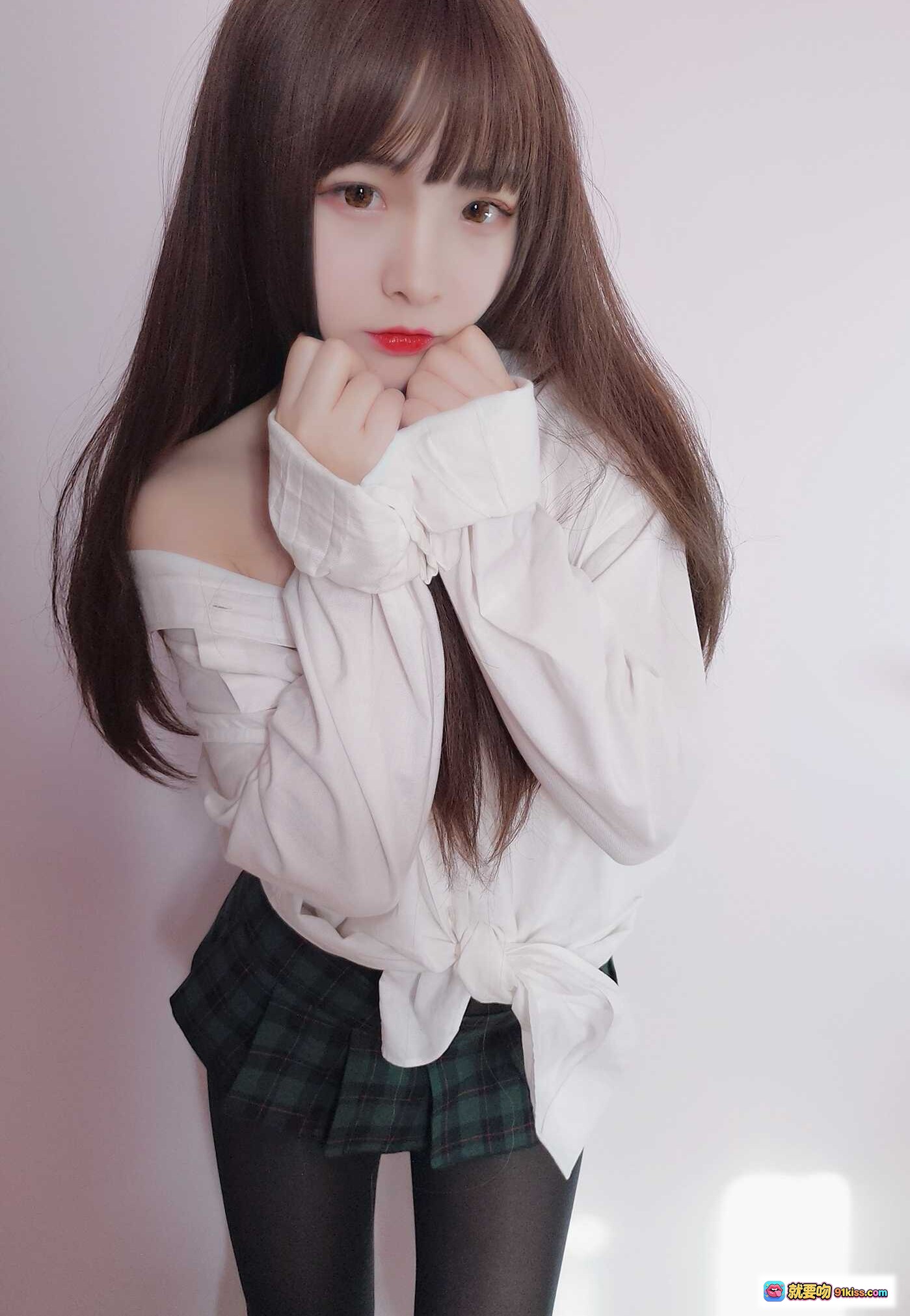 图片[3] - 古川NO.019男友衬衫写真｜白衬衫+格子短裙+渔网袜少女风私房照 - 就要吻