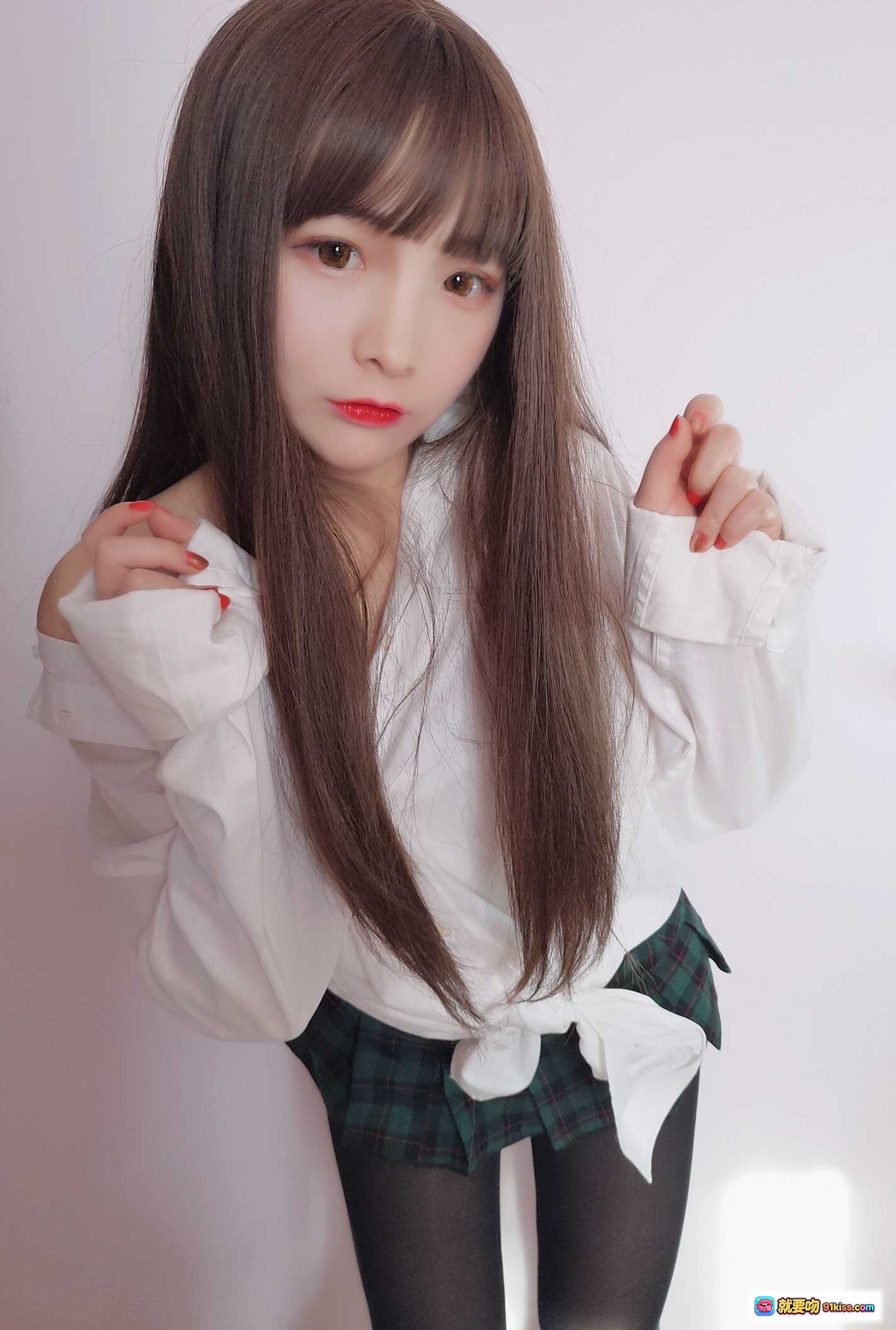 图片[9] - 古川NO.019男友衬衫写真｜白衬衫+格子短裙+渔网袜少女风私房照 - 就要吻