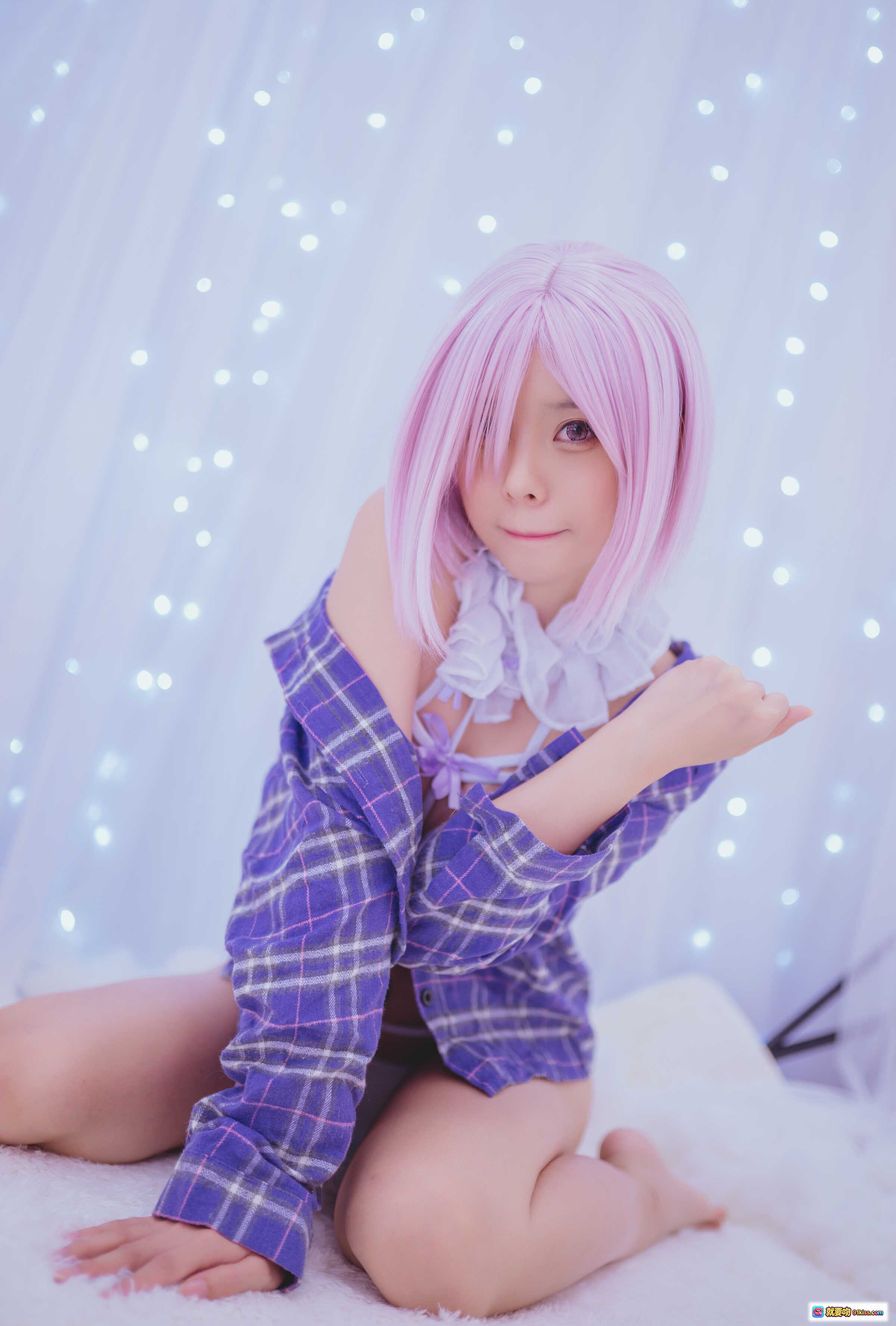 图片[2] - 小野妹子w NO.030 玛修A Cosplay写真 白色蕾丝内衣+紫色格子衬衫 粉发少女甜美性感私房照 44P高清图集 - 就要吻