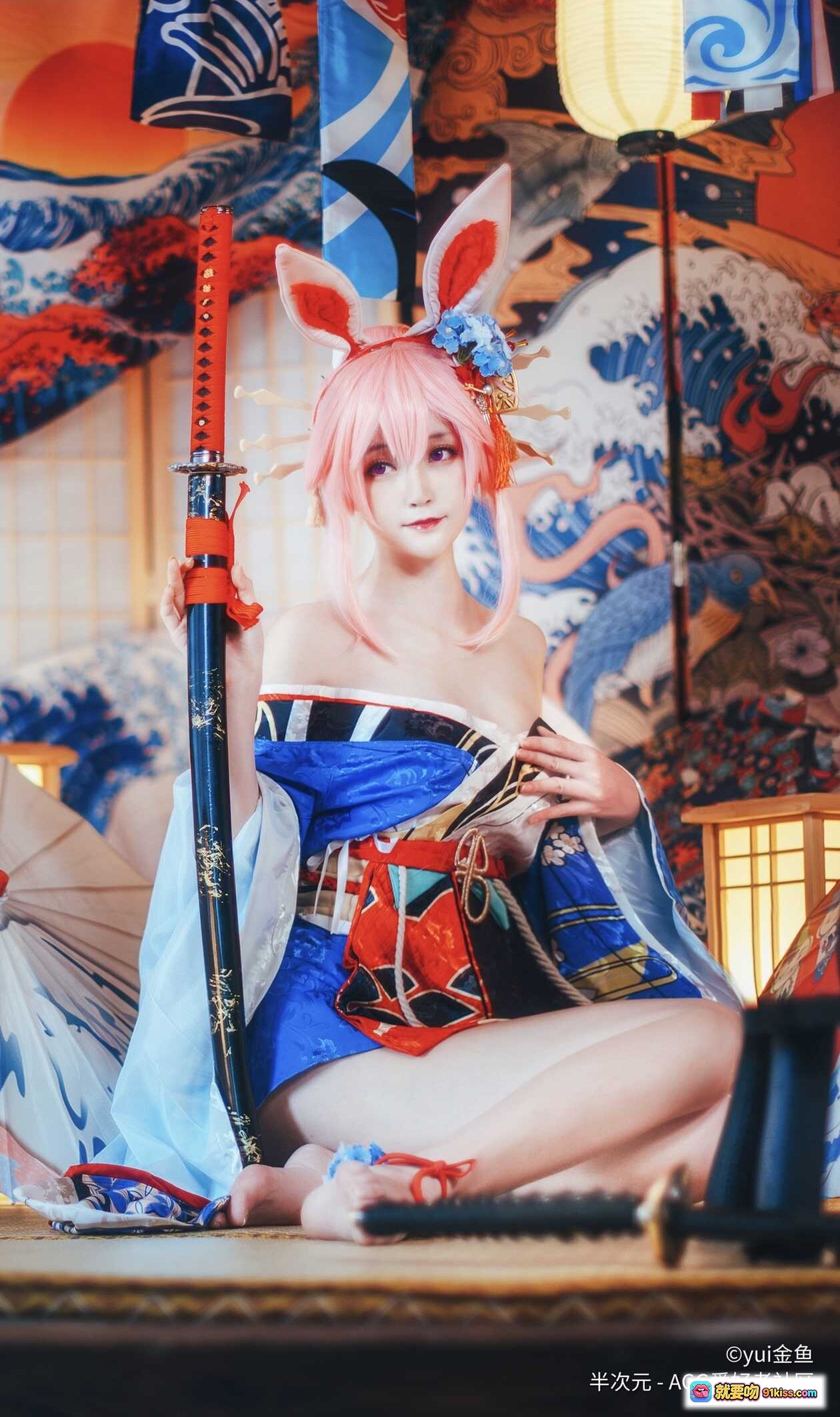 图片[5] - yui金鱼八重樱Cosplay写真 | 粉发兔耳和风造型 | 日式传统服饰美图 | ACG爱好者社区精选NO.024 - 就要吻