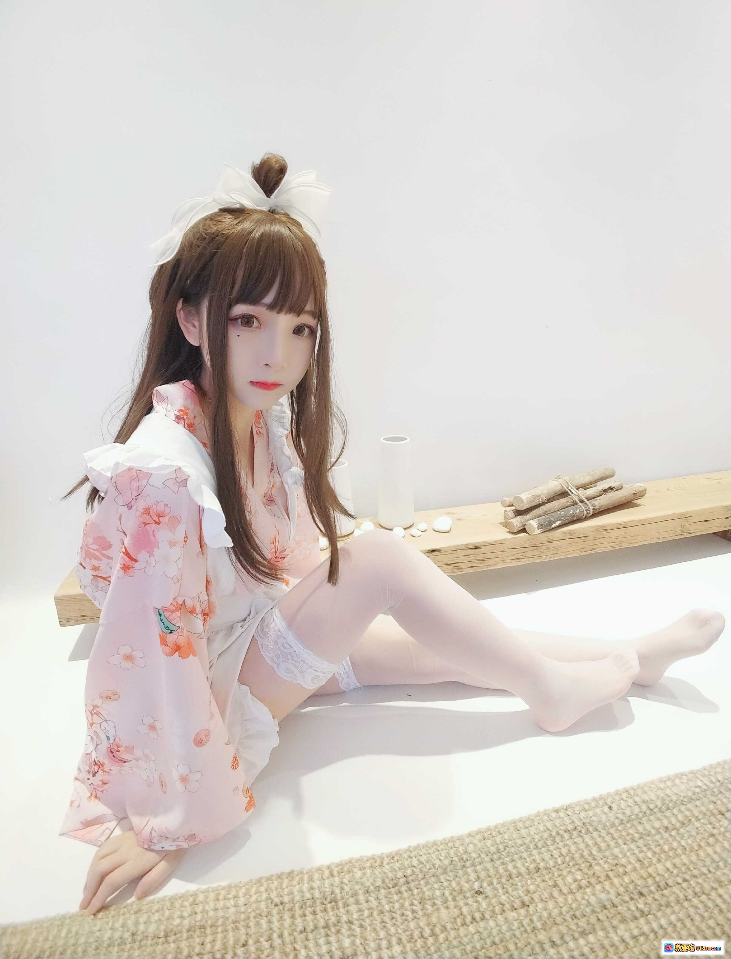 图片[2] - 古川NO.030浴衣女仆写真｜粉色和风少女坐姿美腿白丝萌系造型室内日系摄影13P - 就要吻