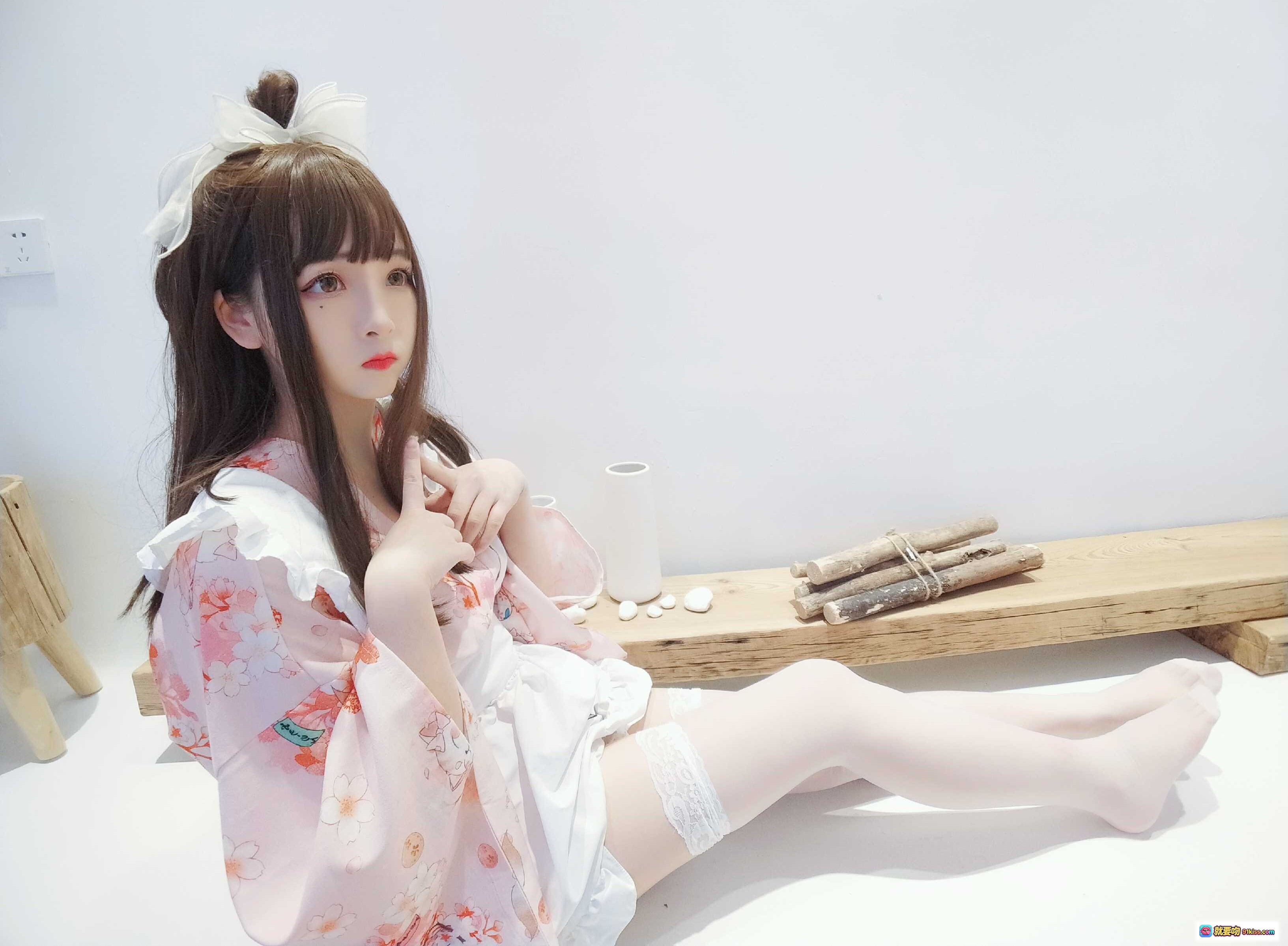 图片[10] - 古川NO.030浴衣女仆写真｜粉色和风少女坐姿美腿白丝萌系造型室内日系摄影13P - 就要吻