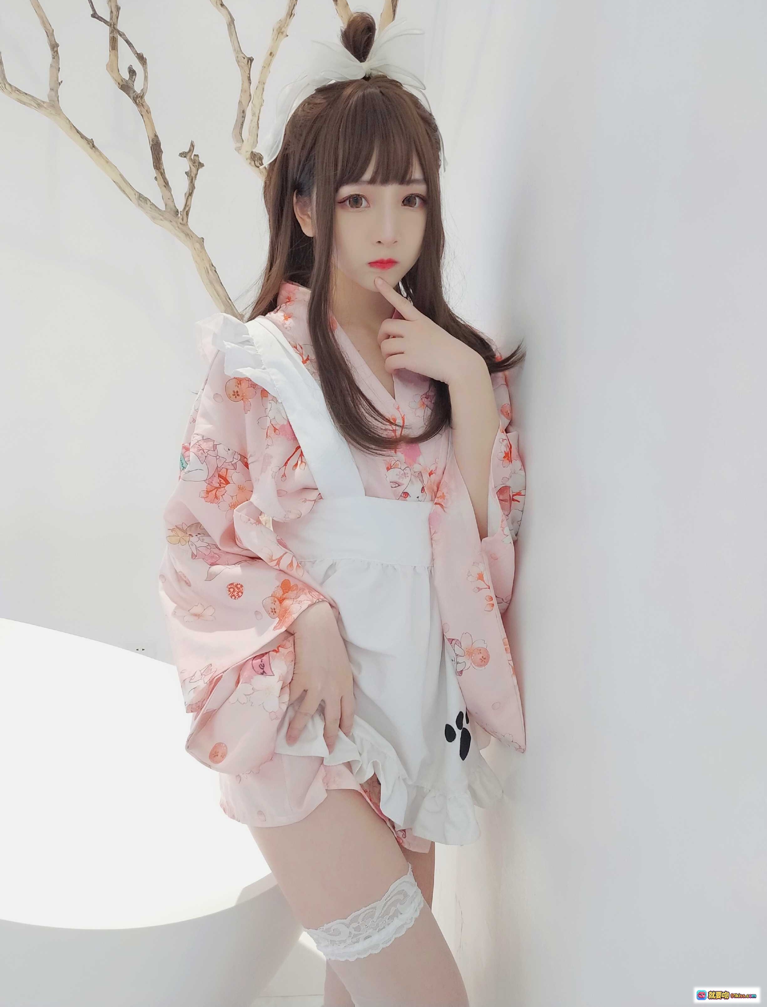 图片[3] - 古川NO.030浴衣女仆写真｜粉色和风少女坐姿美腿白丝萌系造型室内日系摄影13P - 就要吻