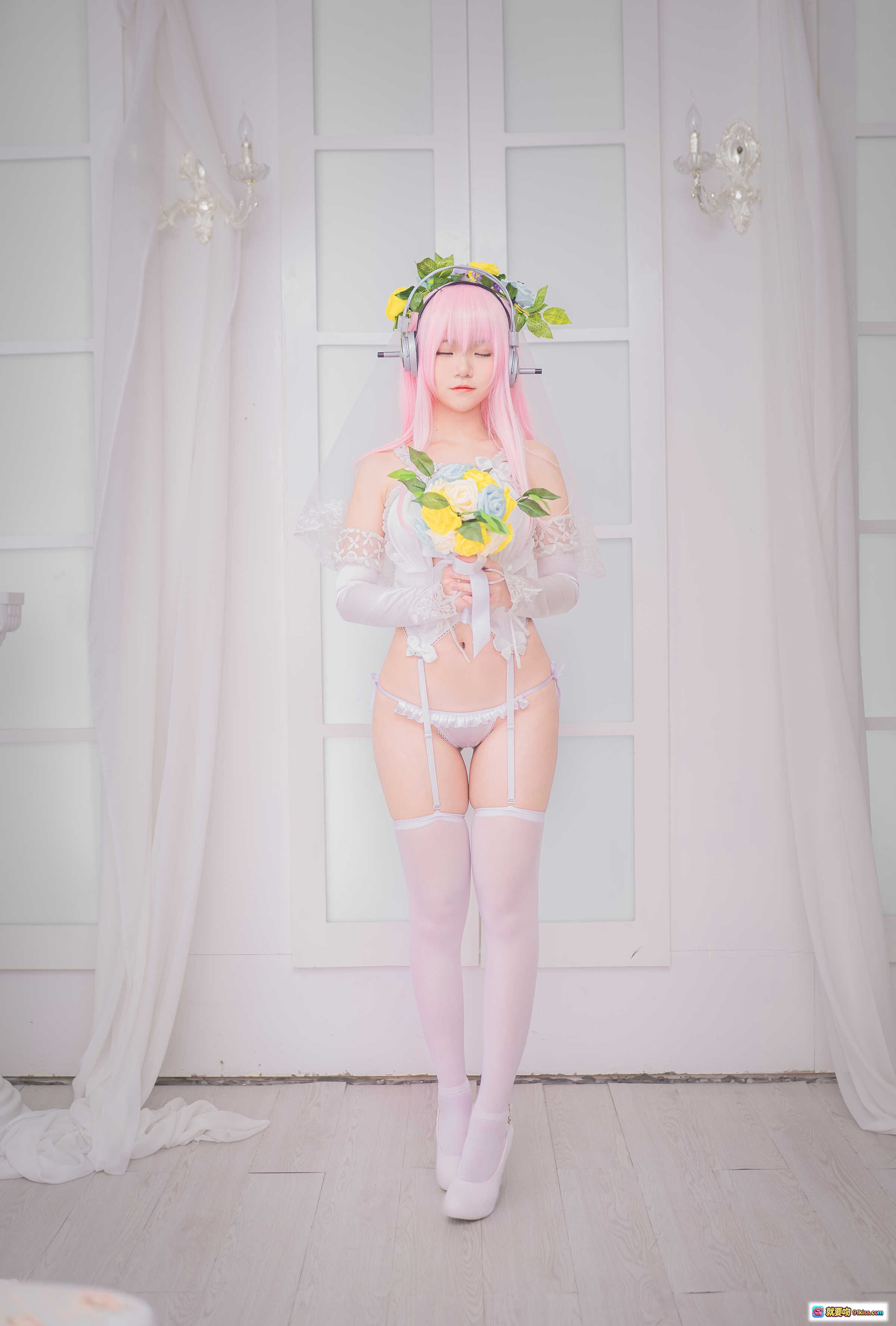 图片[7] - Yoko宅夏NO.020索尼子本婚纱写真｜粉色长发+蕾丝白纱+甜美蝴蝶结+性感深V+精致花边袖+18P高清图集 - 就要吻