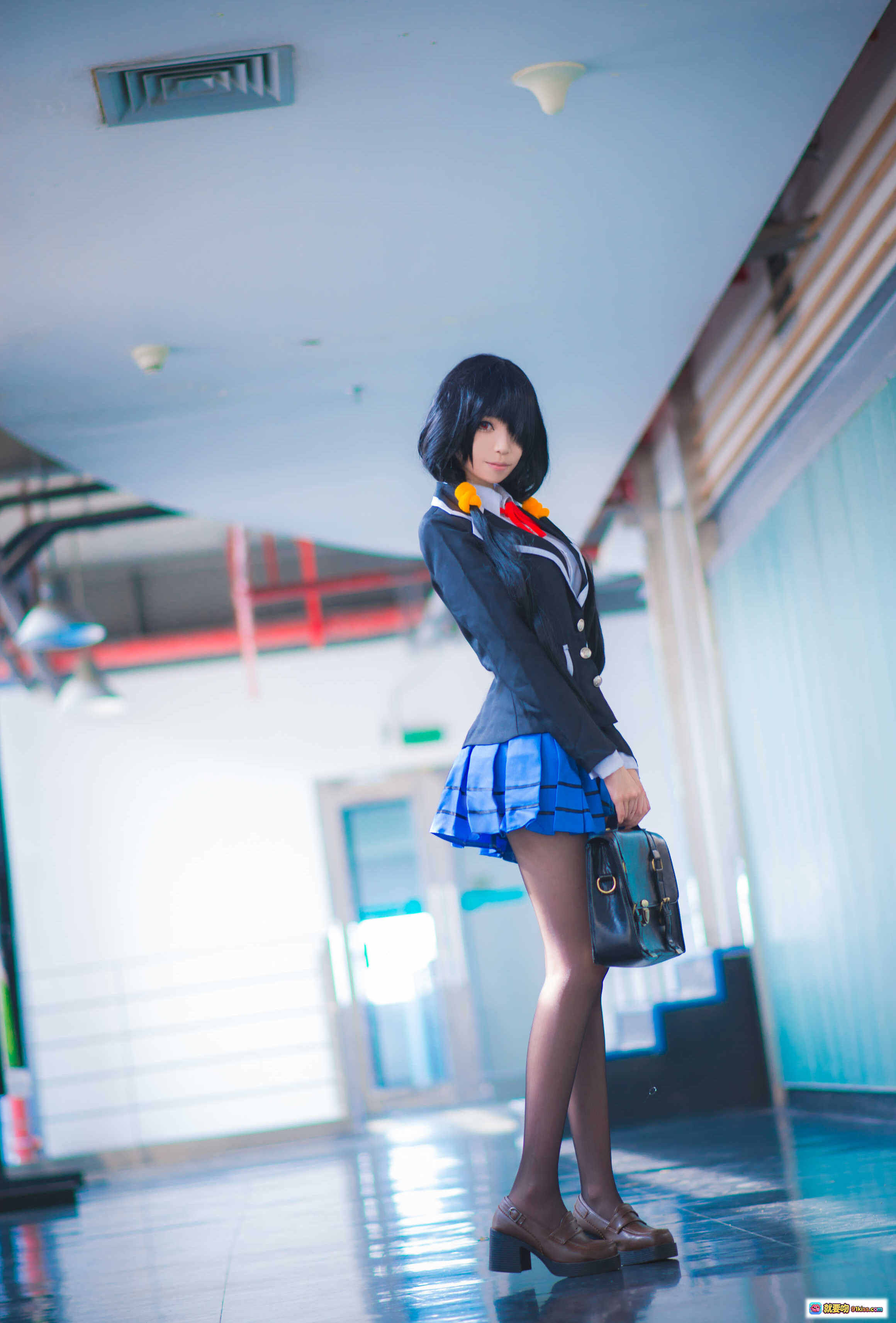 图片[2] - 青青子Js NO.019 狂三校服Cosplay 甜美黑发双马尾 蓝裙黑丝楼梯写真 16P高清图集 - 就要吻