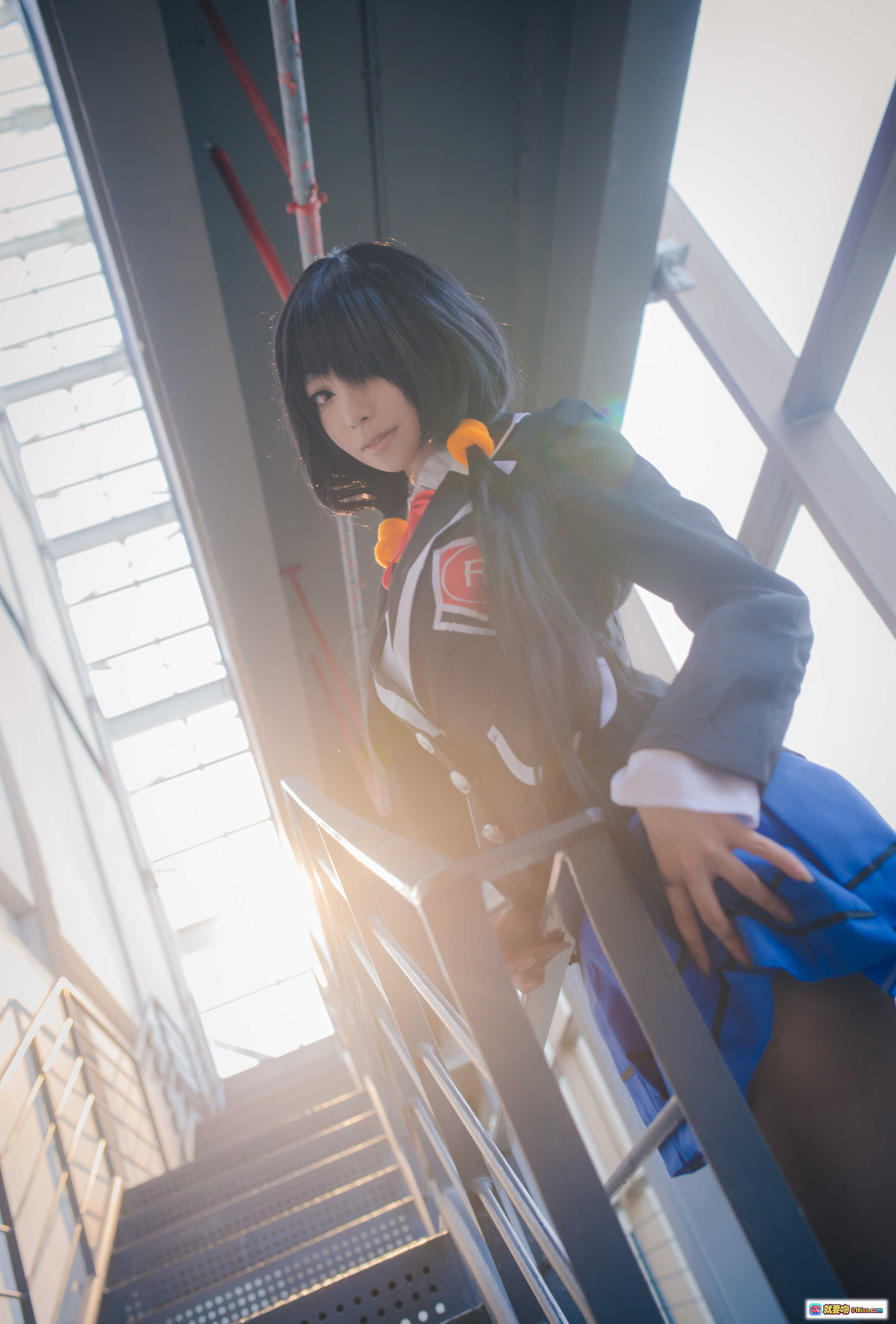 图片[3] - 青青子Js NO.019 狂三校服Cosplay 甜美黑发双马尾 蓝裙黑丝楼梯写真 16P高清图集 - 就要吻