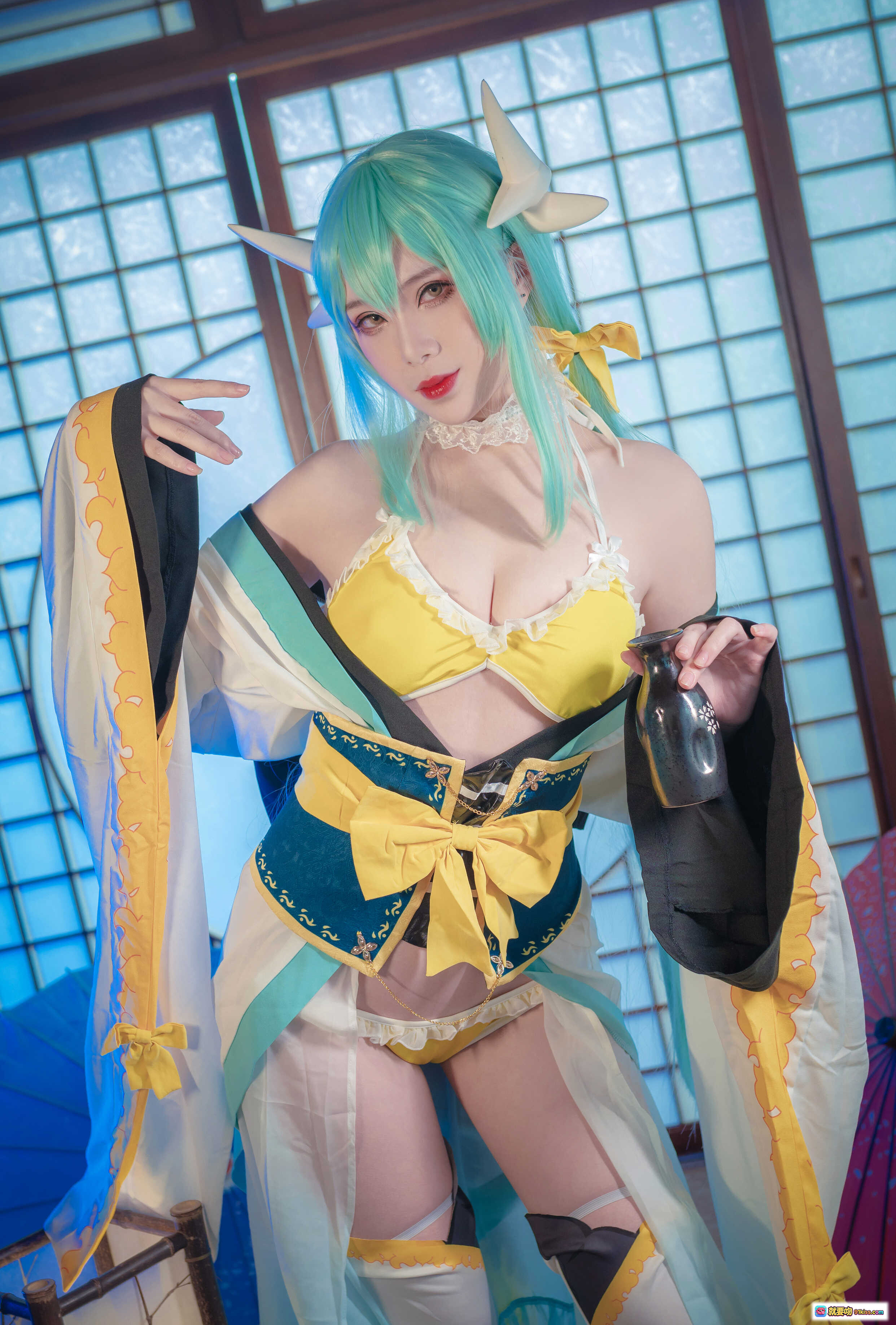 图片[8] - 羊大真人NO.005清姬泳装cosplay 美少女蓝发角饰黄白配色和风写真 18P高清图集 - 就要吻