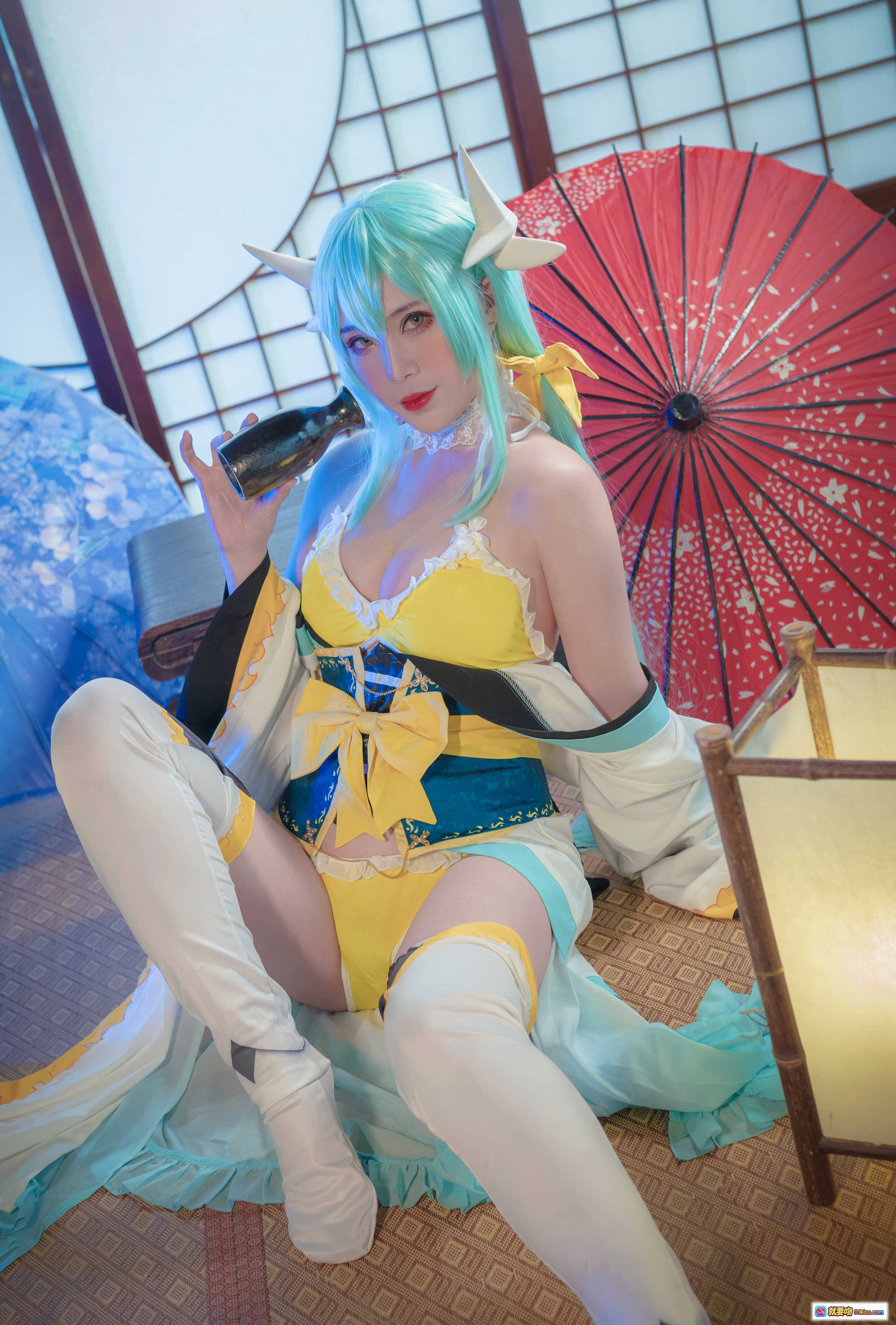 图片[2] - 羊大真人NO.005清姬泳装cosplay 美少女蓝发角饰黄白配色和风写真 18P高清图集 - 就要吻