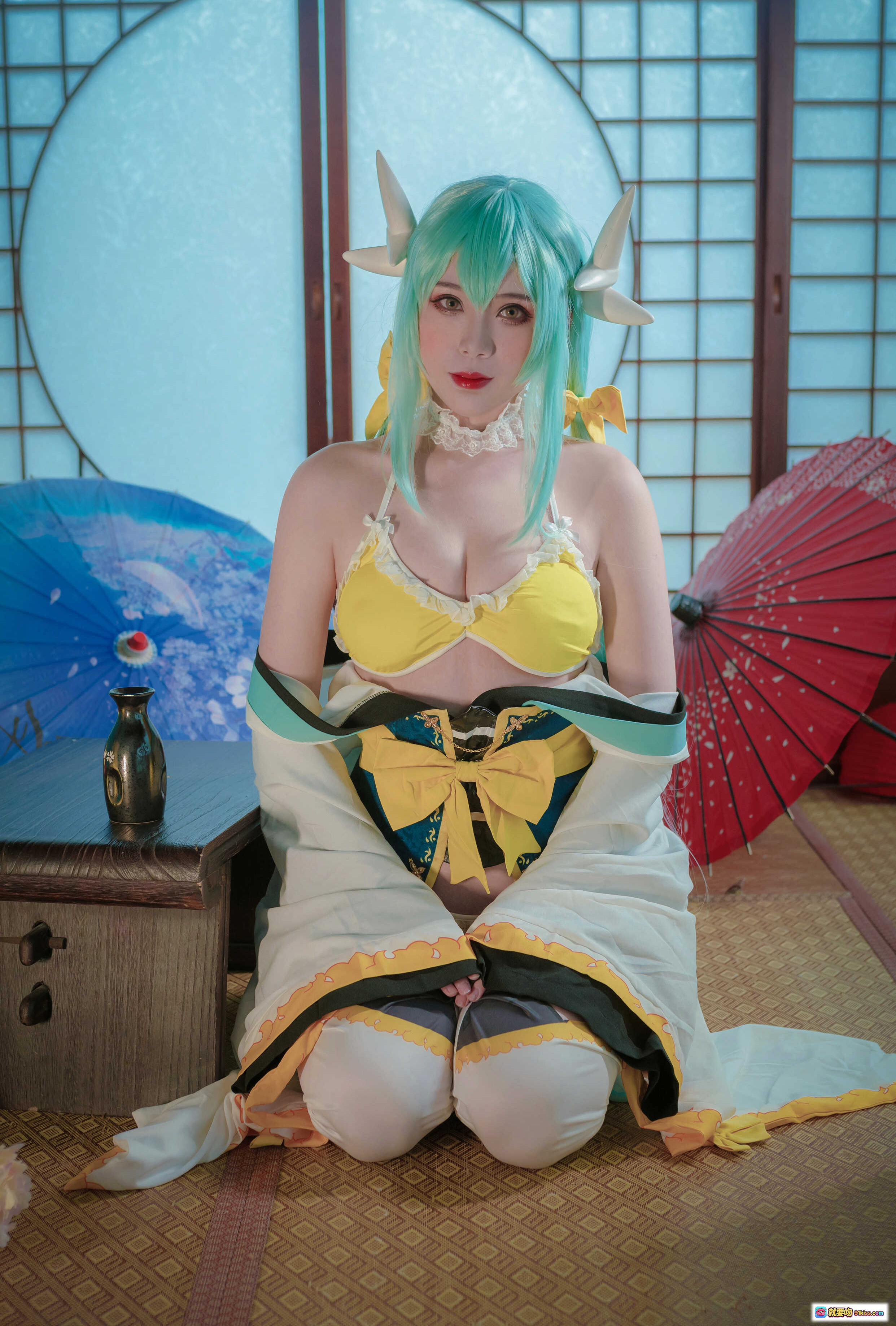 图片[3] - 羊大真人NO.005清姬泳装cosplay 美少女蓝发角饰黄白配色和风写真 18P高清图集 - 就要吻