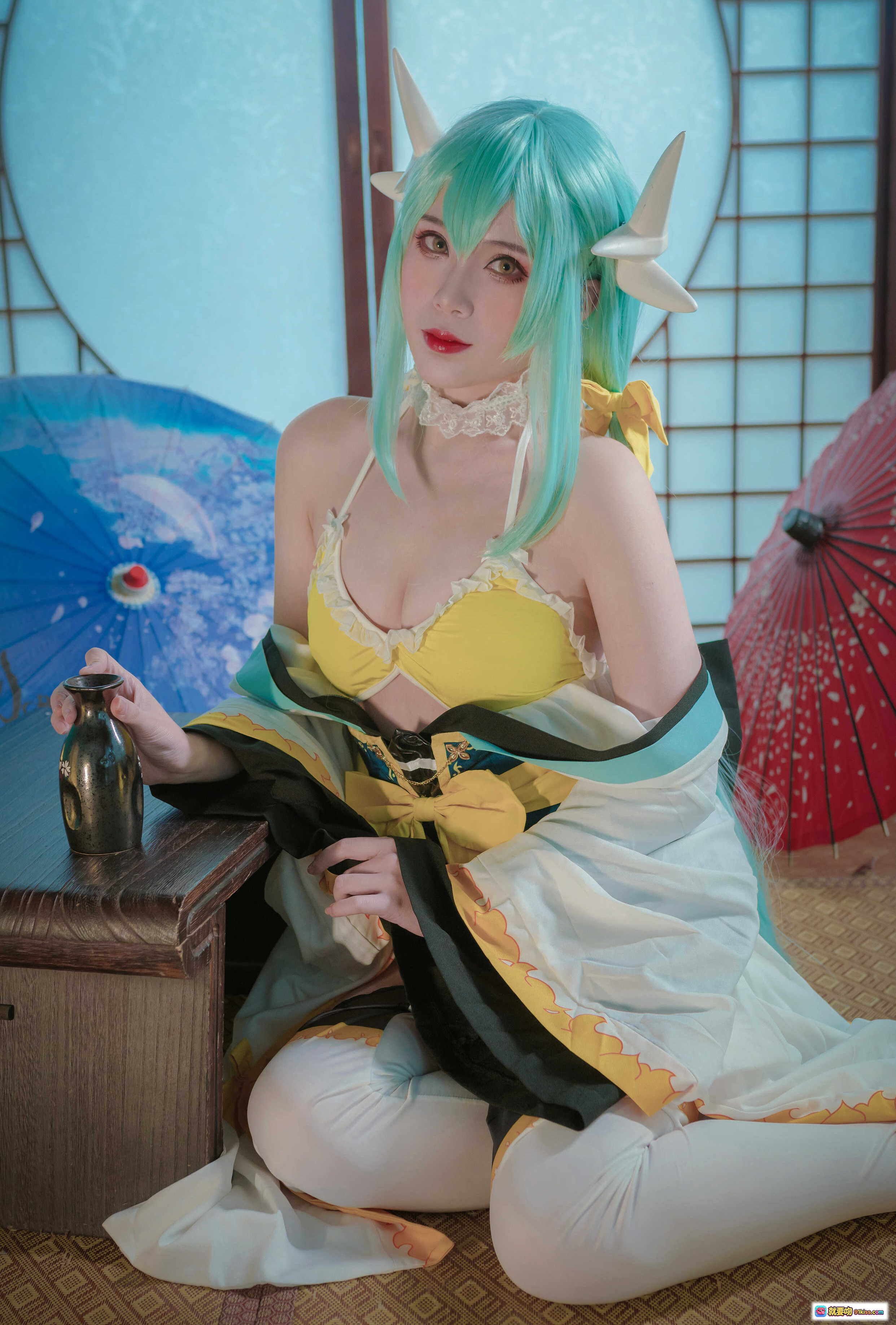 图片[6] - 羊大真人NO.005清姬泳装cosplay 美少女蓝发角饰黄白配色和风写真 18P高清图集 - 就要吻