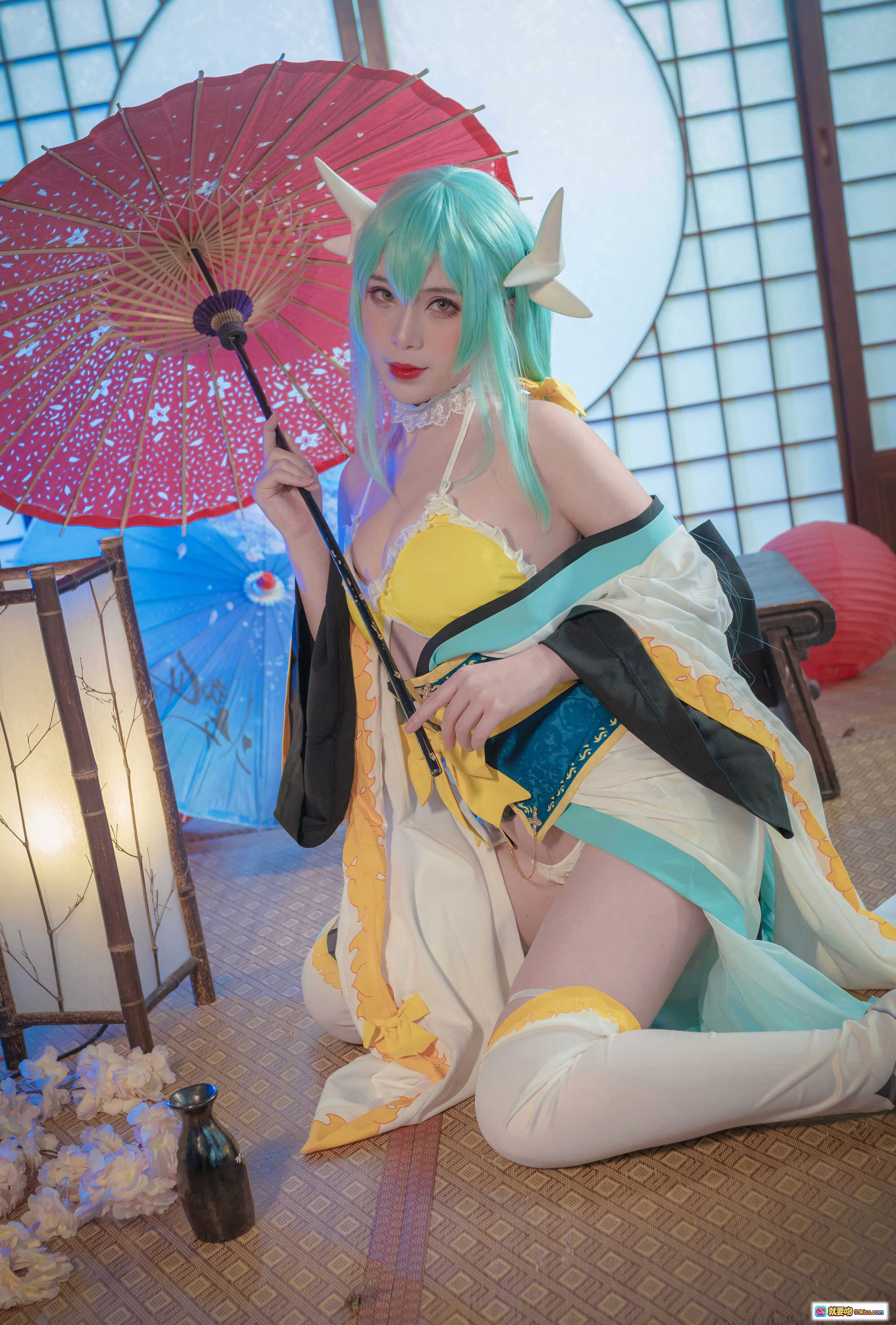 图片[9] - 羊大真人NO.005清姬泳装cosplay 美少女蓝发角饰黄白配色和风写真 18P高清图集 - 就要吻