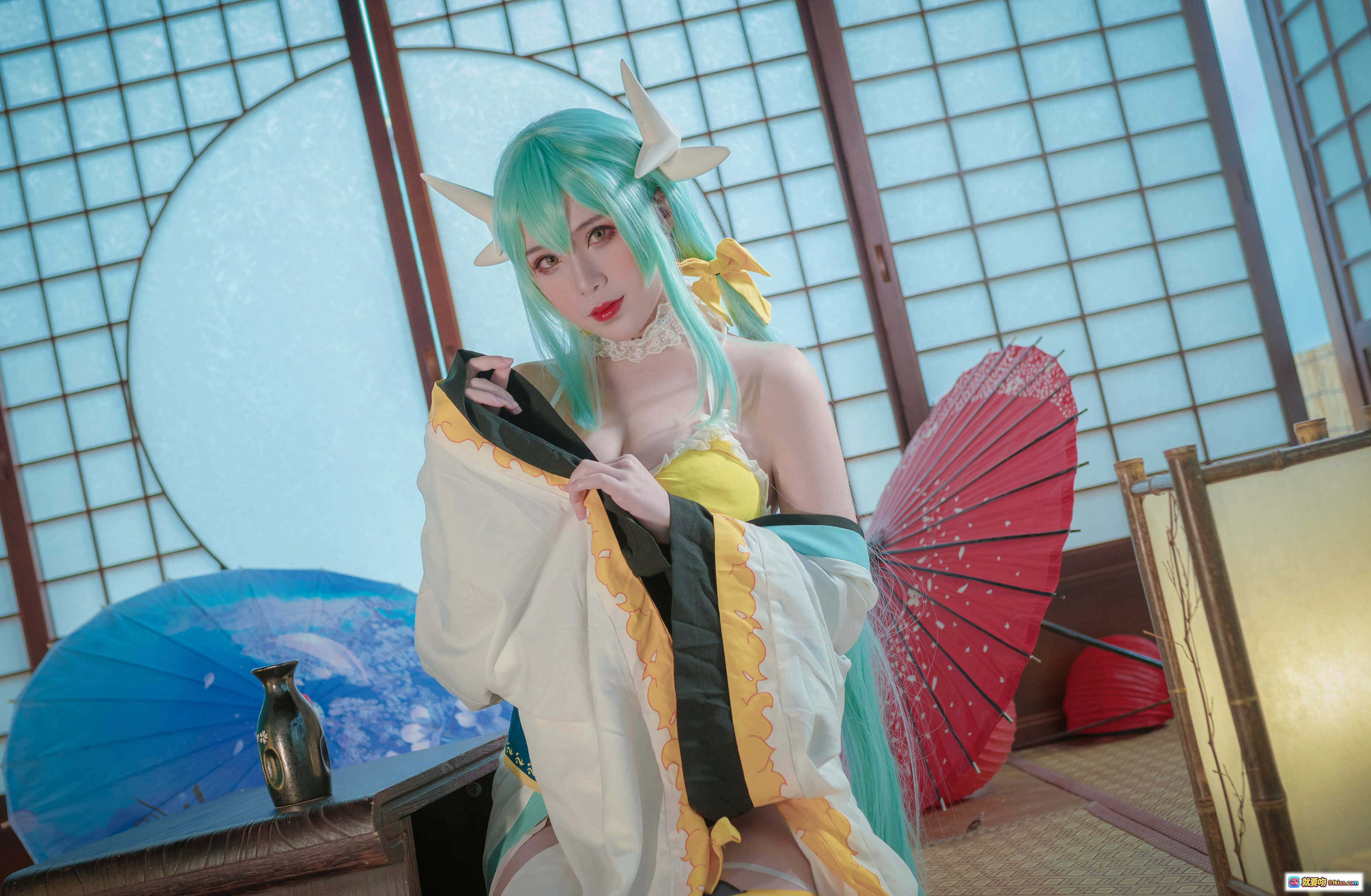 图片[5] - 羊大真人NO.005清姬泳装cosplay 美少女蓝发角饰黄白配色和风写真 18P高清图集 - 就要吻