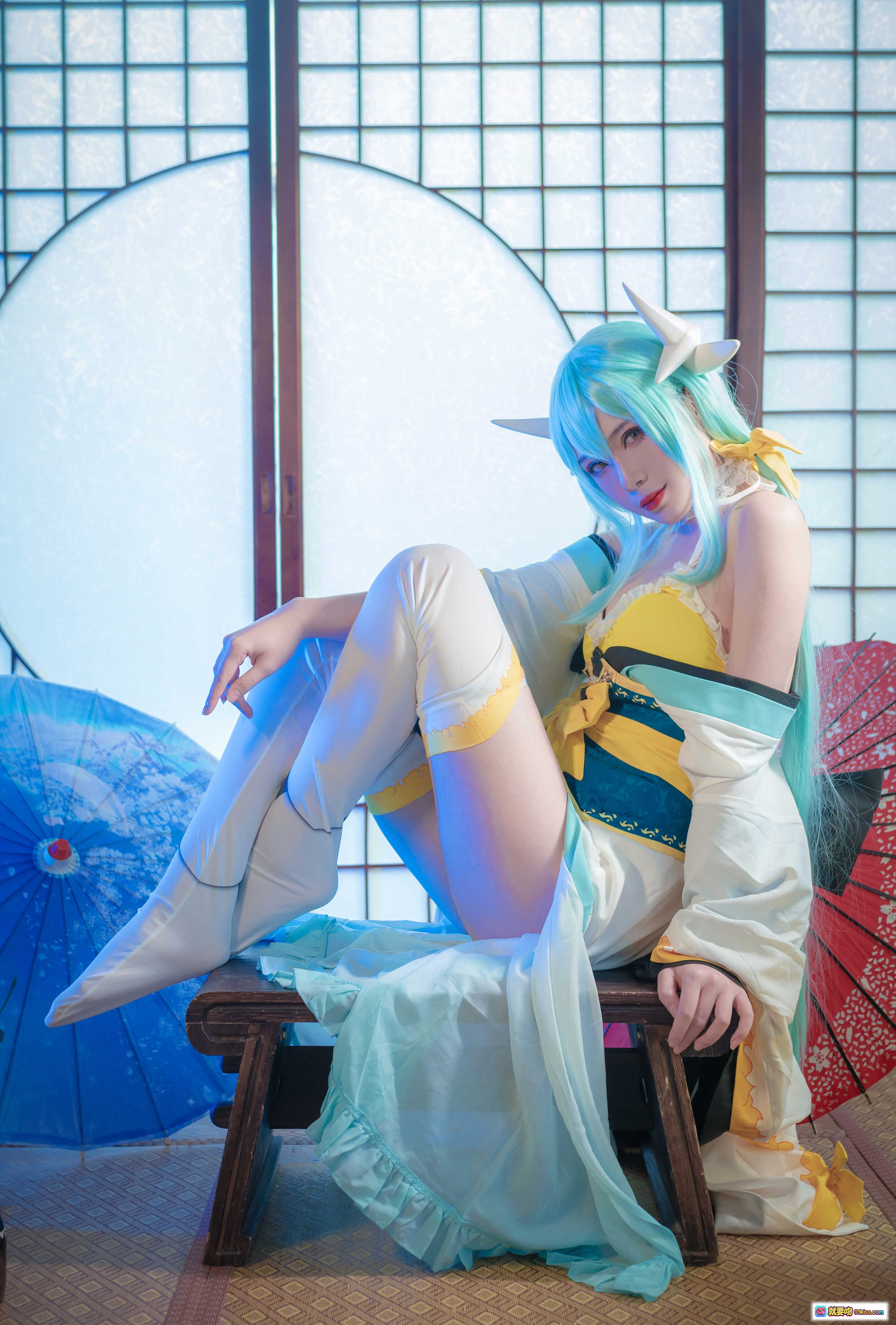 图片[4] - 羊大真人NO.005清姬泳装cosplay 美少女蓝发角饰黄白配色和风写真 18P高清图集 - 就要吻