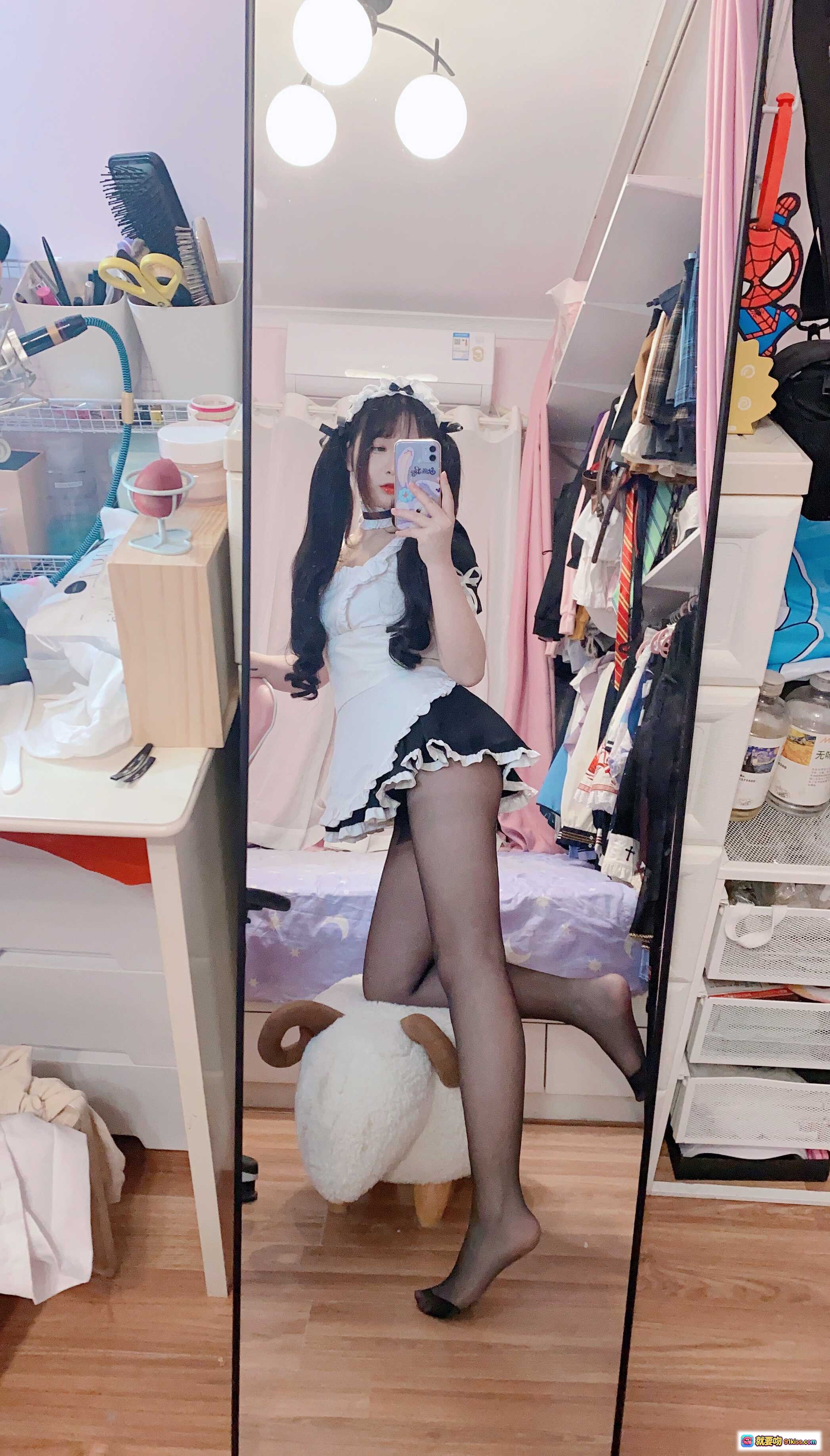 图片[3] - 古川NO.038黑丝女仆写真49P – 甜美少女卧室自拍 粉色房间黑丝美腿女仆装私房照 - 就要吻