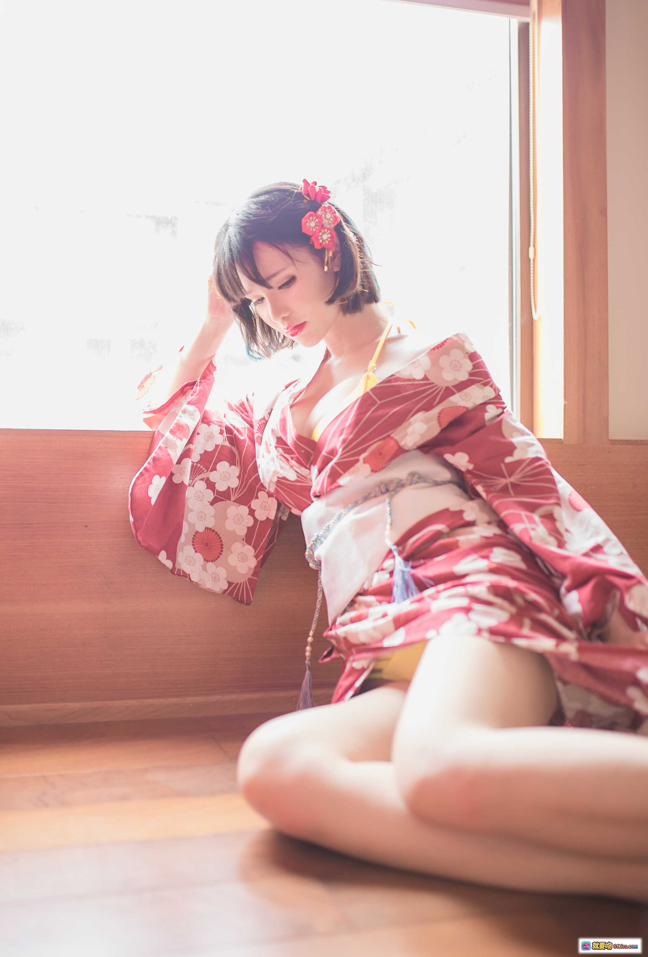 图片[6] - 小野妹子W NO.033 妹汤物语 和风浴衣少女 粉色樱花图案 黄色比基尼内搭 木质扶手倚靠 温柔日系写真 171P高清图集 - 就要吻