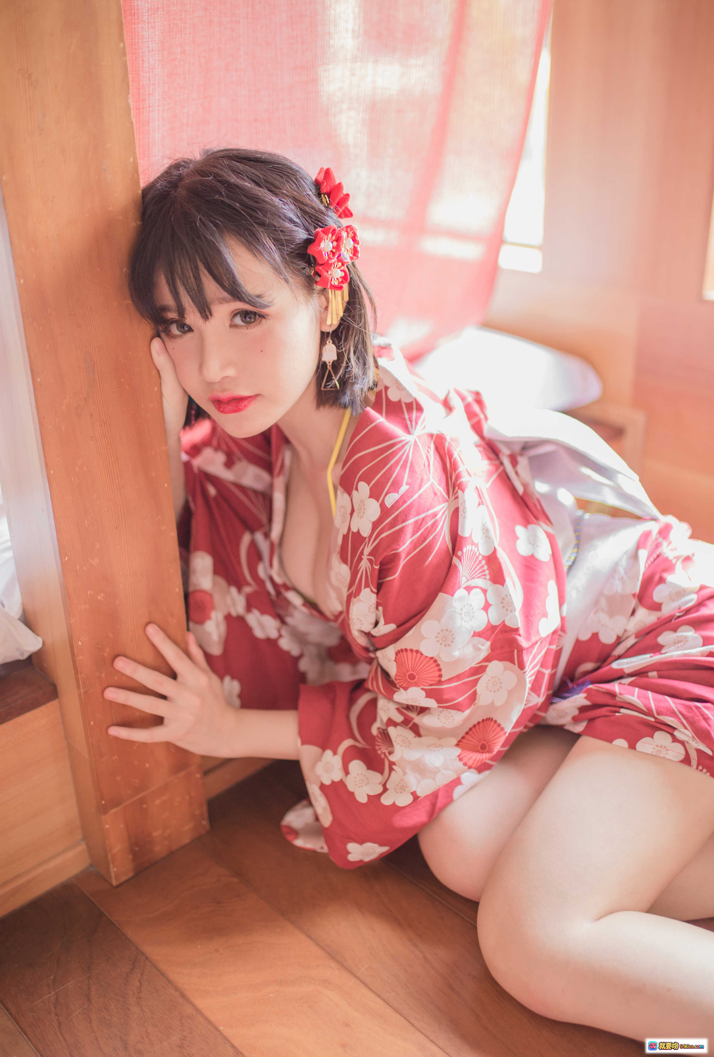 图片[3] - 小野妹子W NO.033 妹汤物语 和风浴衣少女 粉色樱花图案 黄色比基尼内搭 木质扶手倚靠 温柔日系写真 171P高清图集 - 就要吻