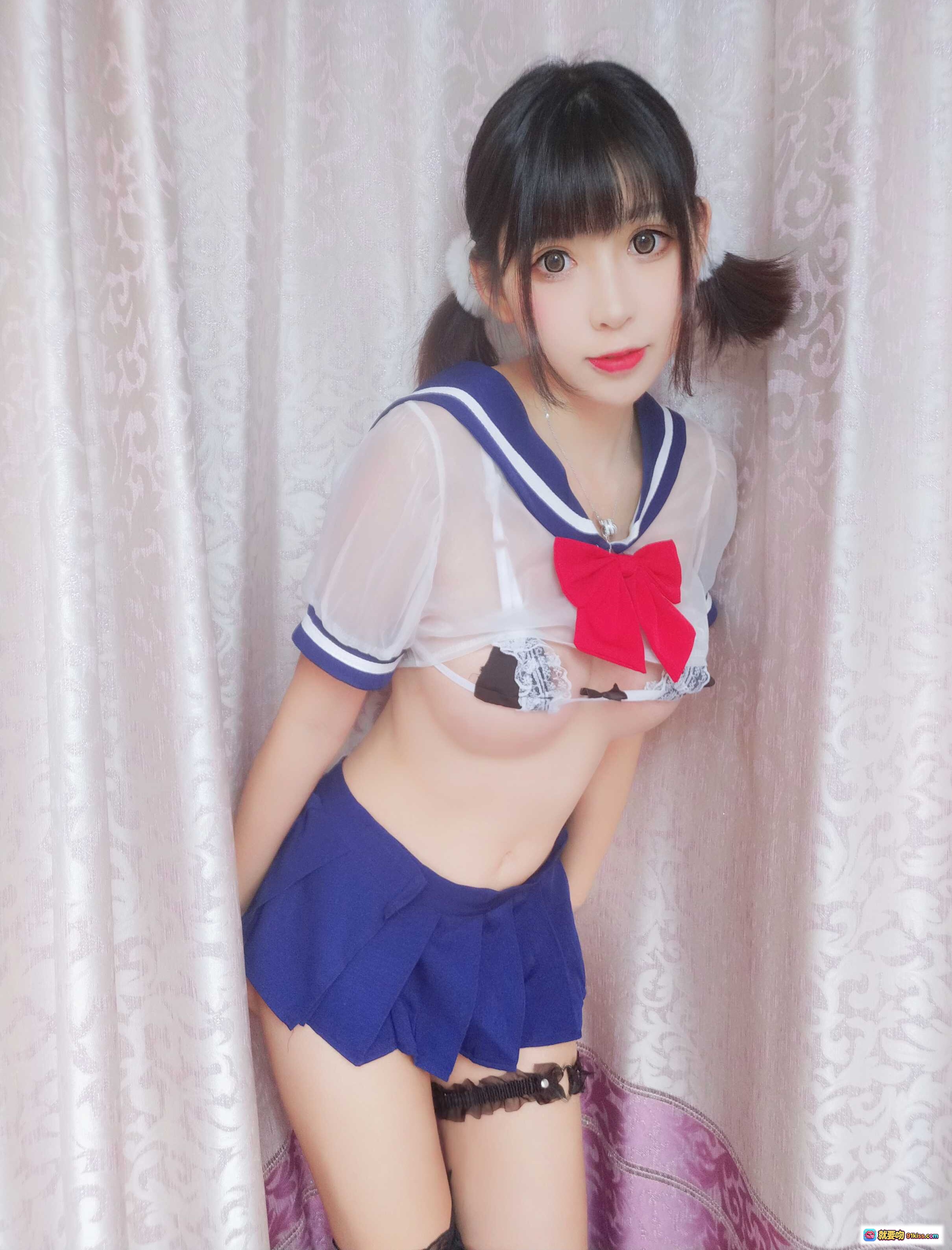 图片[9] - 小酥酱NO.006水手服写真 25P高清美图 蓝色百褶裙红蝴蝶结 双马尾少女风 性感蕾丝内衣 黑色吊袜带 甜美诱惑私房照 - 就要吻