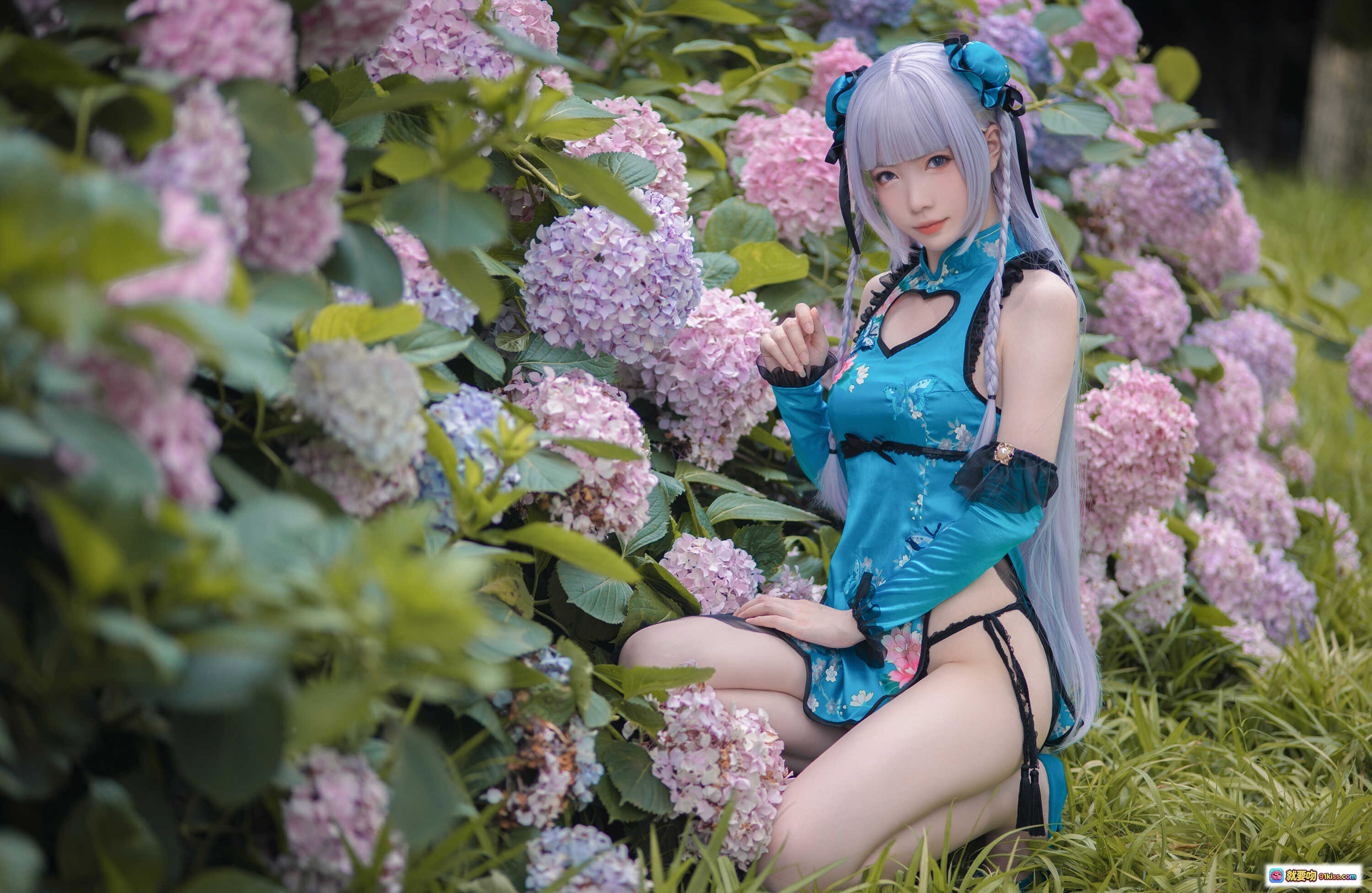 图片[9] - NO.007 妖少you1-黛玉 cosplay 蓝发双马尾 旗袍蕾丝黑丝 高跟鞋 古风庭院写真 精致妆容 二次元美少女 - 就要吻