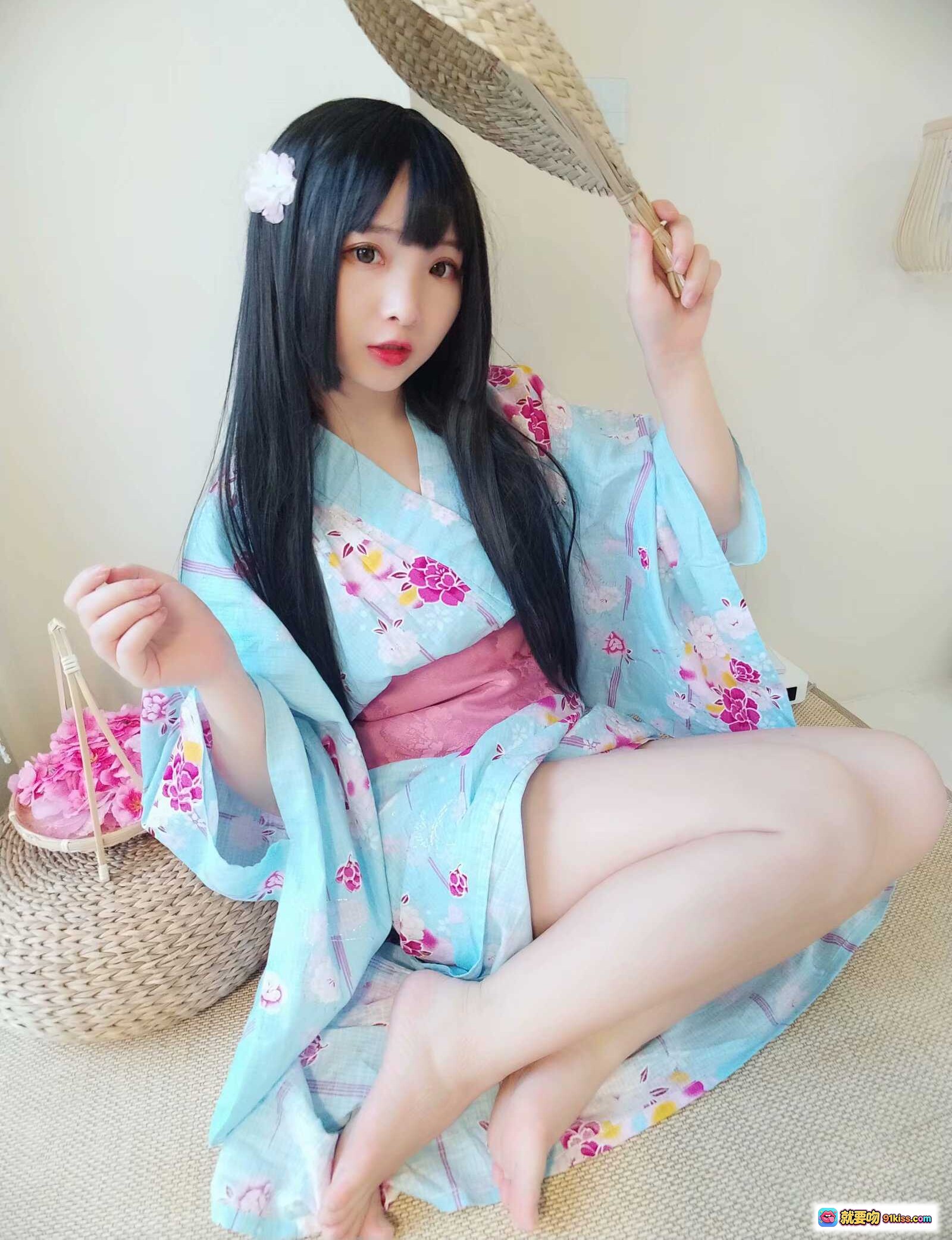 图片[5] - 古川定制VOL.009和风少女写真｜浅蓝樱花浴衣Cosplay｜黑长直发饰白花｜日系榻榻米场景｜33P高清图集 - 就要吻