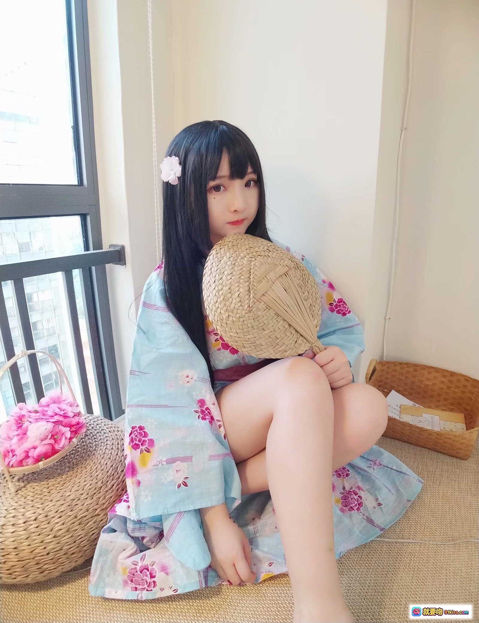 图片[9] - 古川定制VOL.009和风少女写真｜浅蓝樱花浴衣Cosplay｜黑长直发饰白花｜日系榻榻米场景｜33P高清图集 - 就要吻