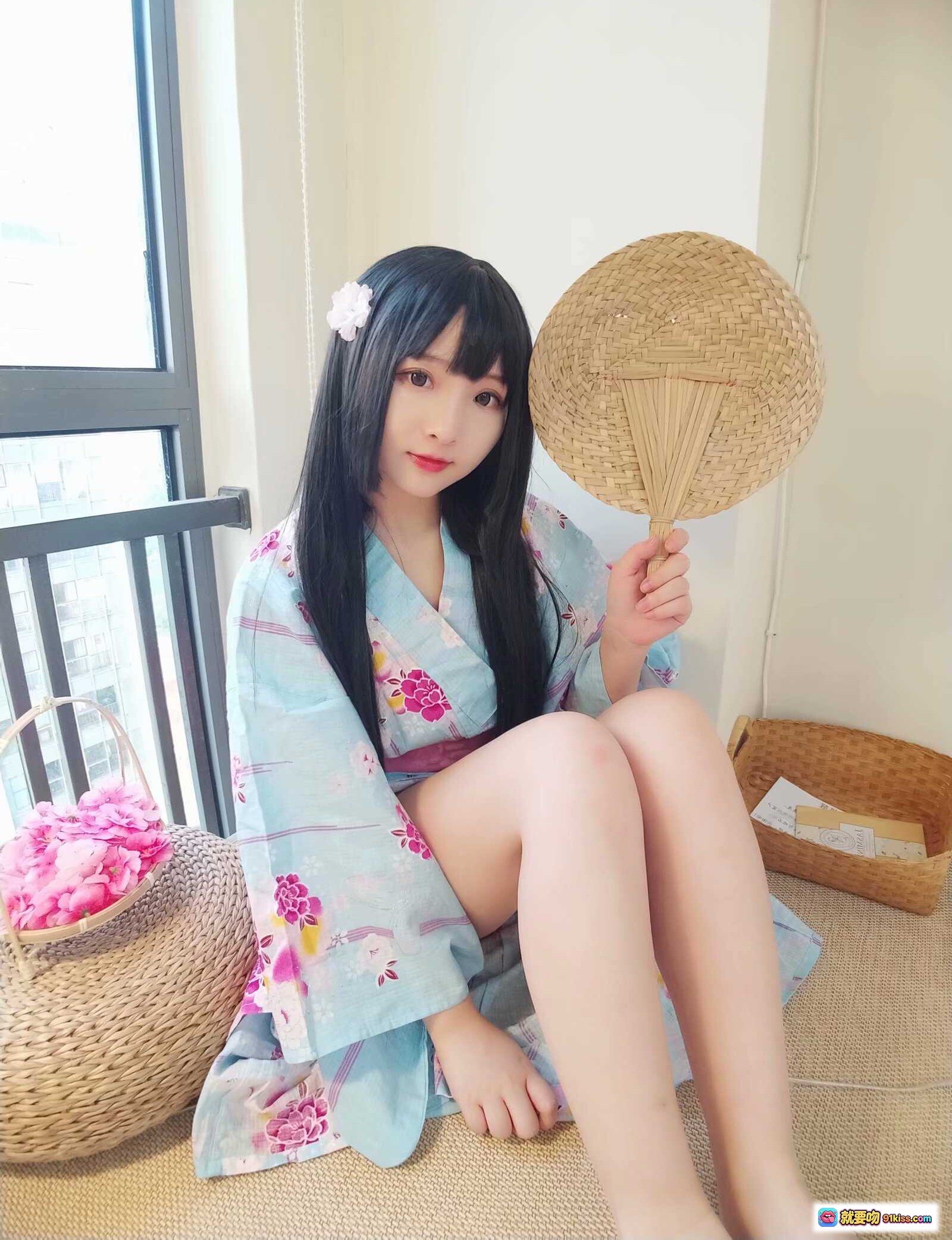 图片[7] - 古川定制VOL.009和风少女写真｜浅蓝樱花浴衣Cosplay｜黑长直发饰白花｜日系榻榻米场景｜33P高清图集 - 就要吻