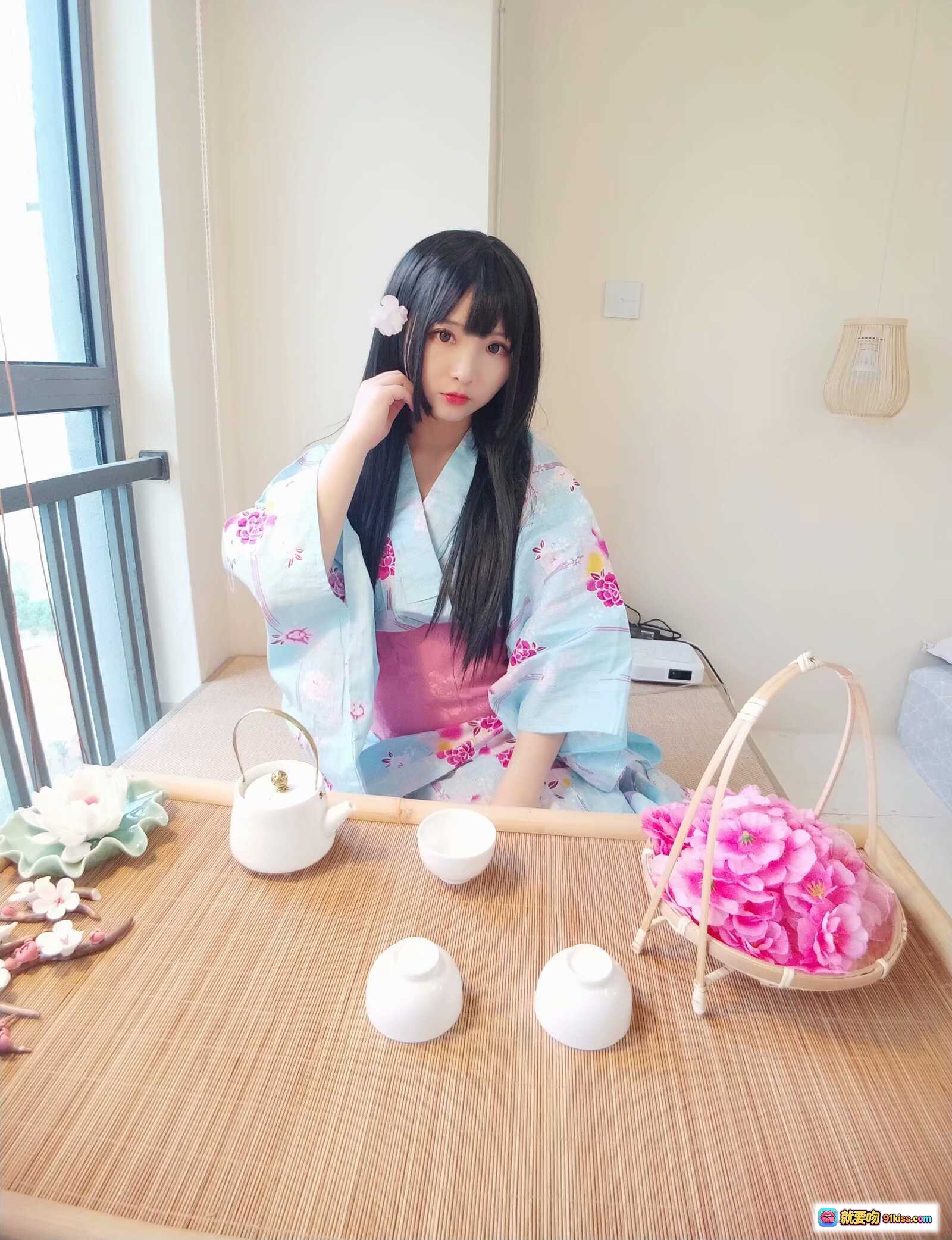 图片[6] - 古川定制VOL.009和风少女写真｜浅蓝樱花浴衣Cosplay｜黑长直发饰白花｜日系榻榻米场景｜33P高清图集 - 就要吻