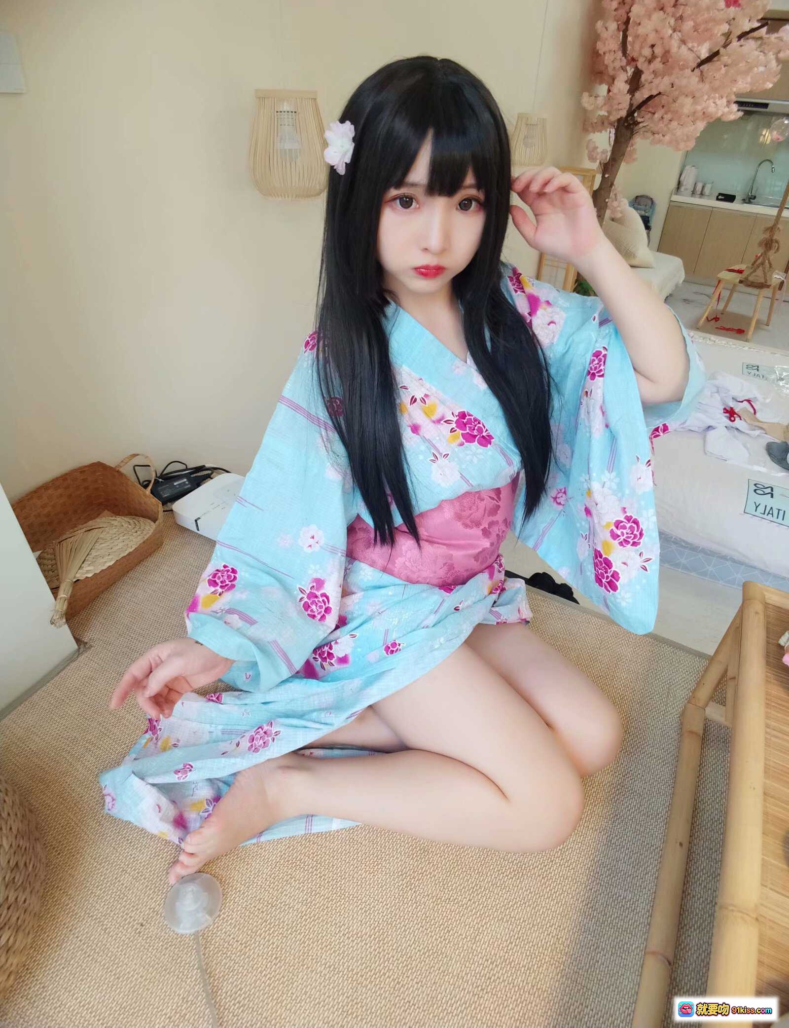 图片[10] - 古川定制VOL.009和风少女写真｜浅蓝樱花浴衣Cosplay｜黑长直发饰白花｜日系榻榻米场景｜33P高清图集 - 就要吻