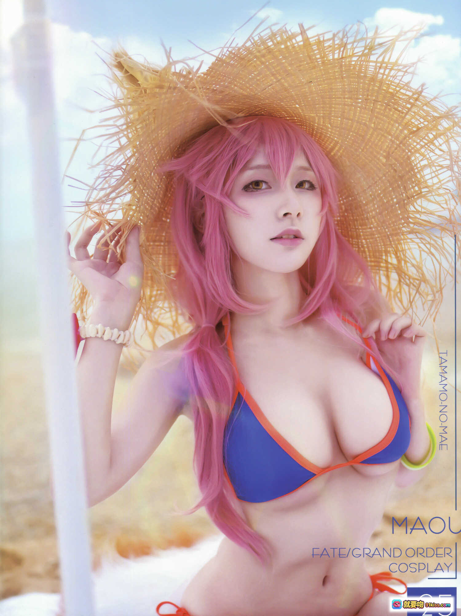 图片[3] - 玉藻前泳装Cosplay写真 | 粉发狐耳草帽少女 | MAOU个人版第36期 | 比基尼性感摆拍 | 狐尾装饰梦幻背景 - 就要吻