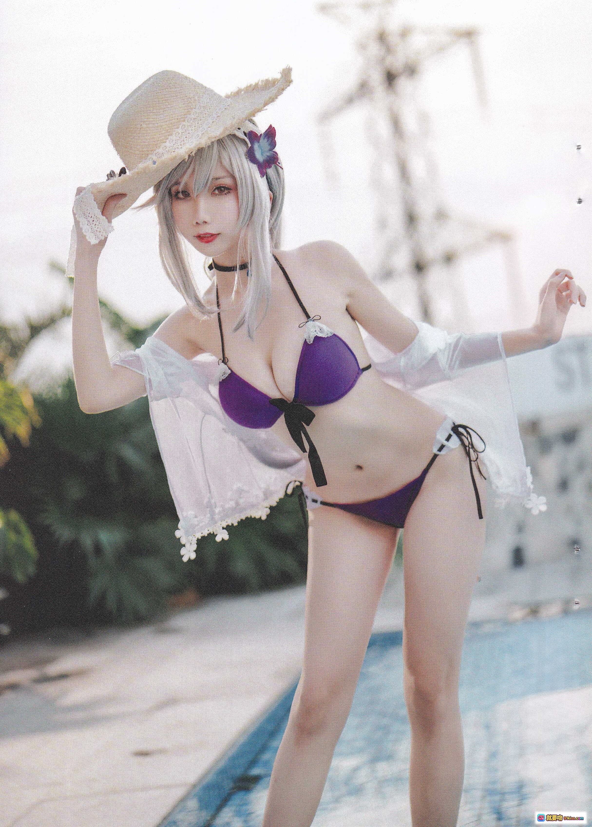 迷失人形NO.003敦刻尔克水着 cosplay 紫色比基尼 草帽蕾丝外套 游泳池边写真 31P高清图集 - 就要吻