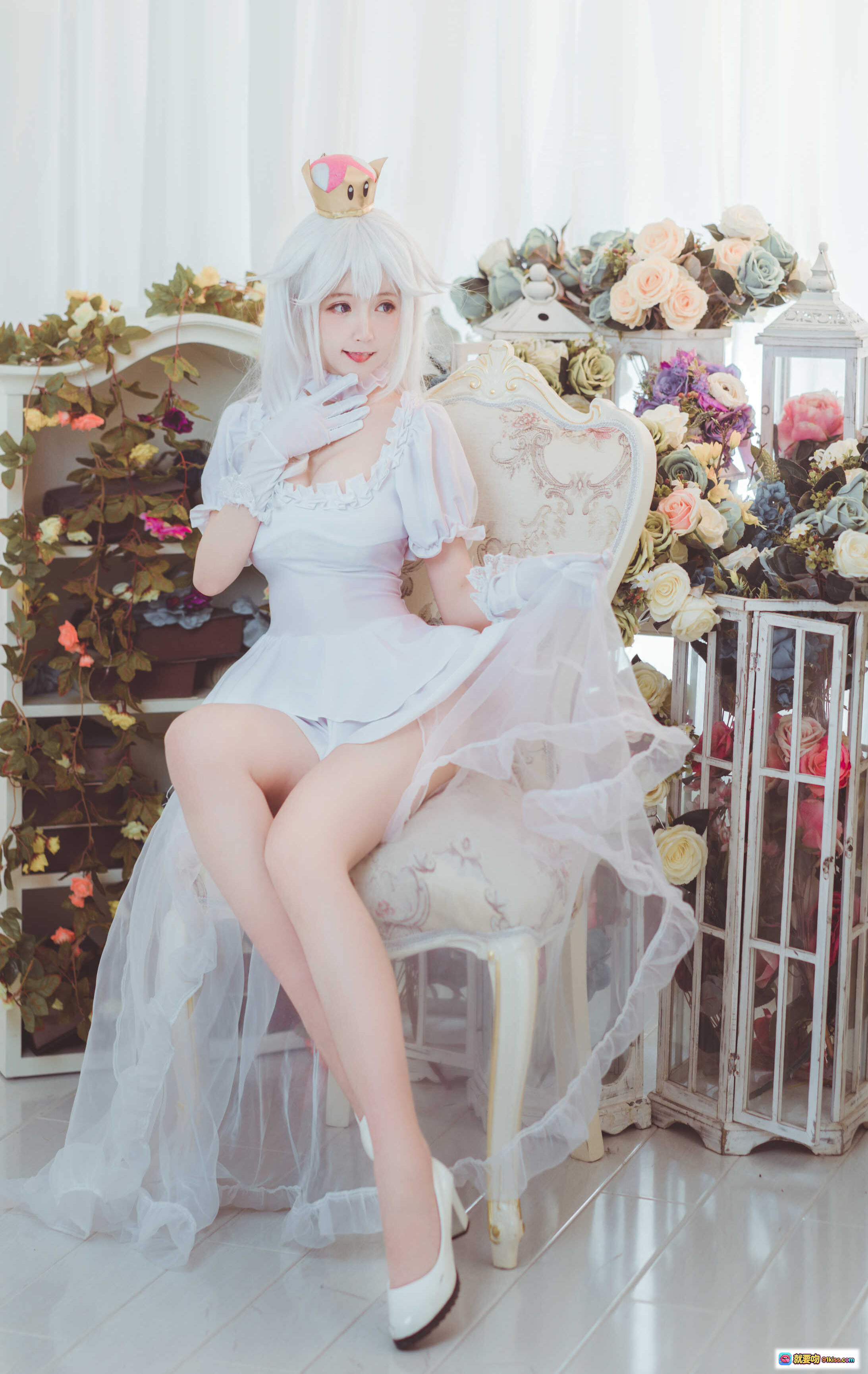 图片[7] - yui金鱼NO.018幽灵姬cosplay写真｜白色长发+皇冠+蕾丝裙+手套+甜美少女风高清图集 - 就要吻