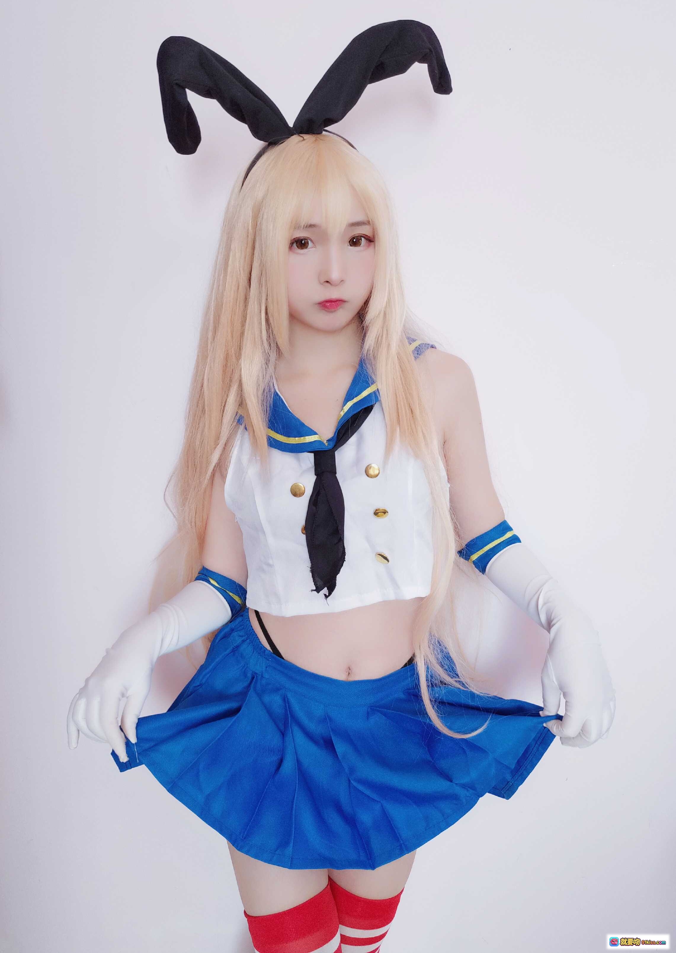 古川NO.008岛风cosplay兔耳水手服金发少女蓝裙红袜白手套萌系写真 - 就要吻