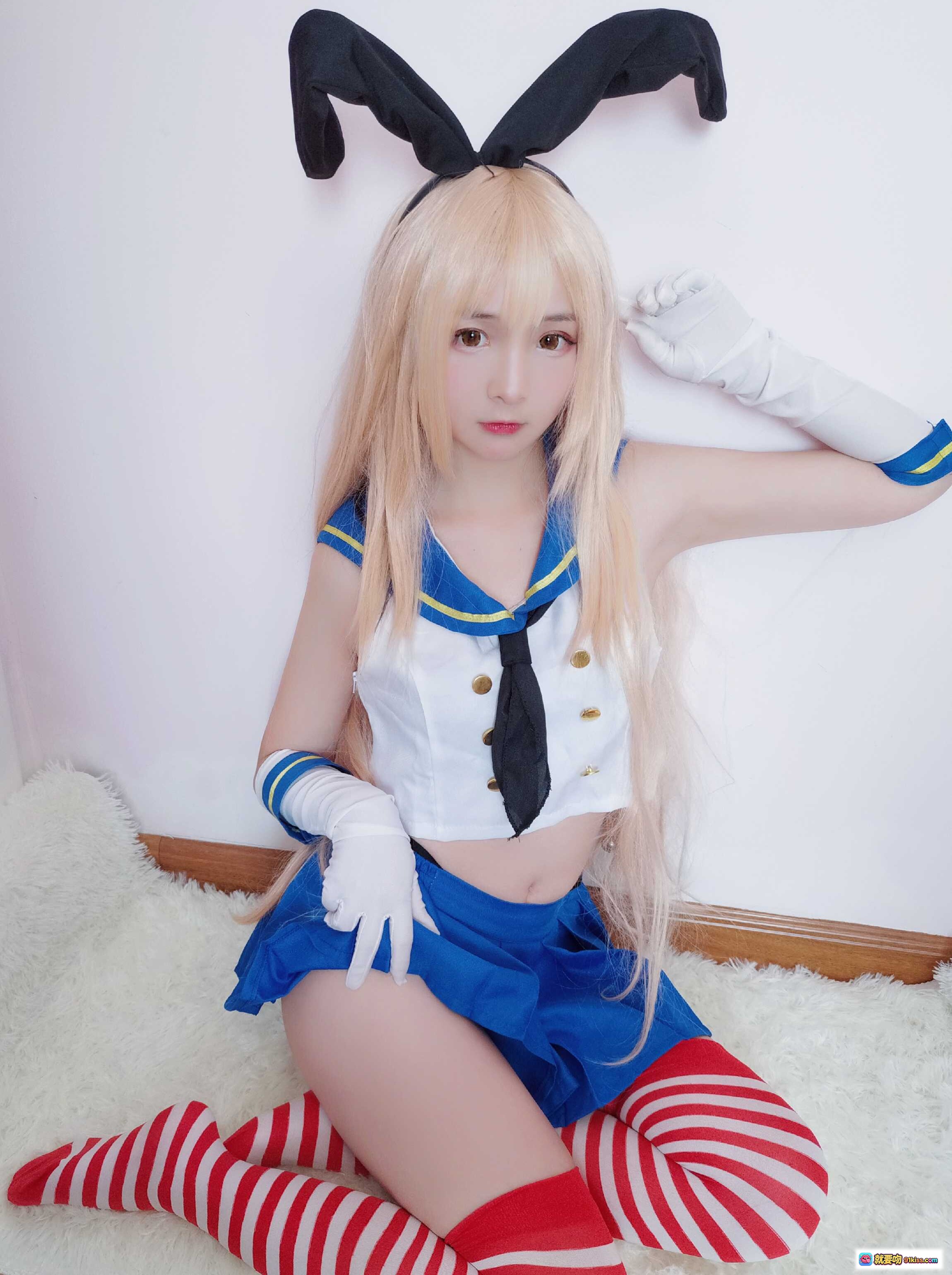 图片[8] - 古川NO.008岛风cosplay兔耳水手服金发少女蓝裙红袜白手套萌系写真 - 就要吻